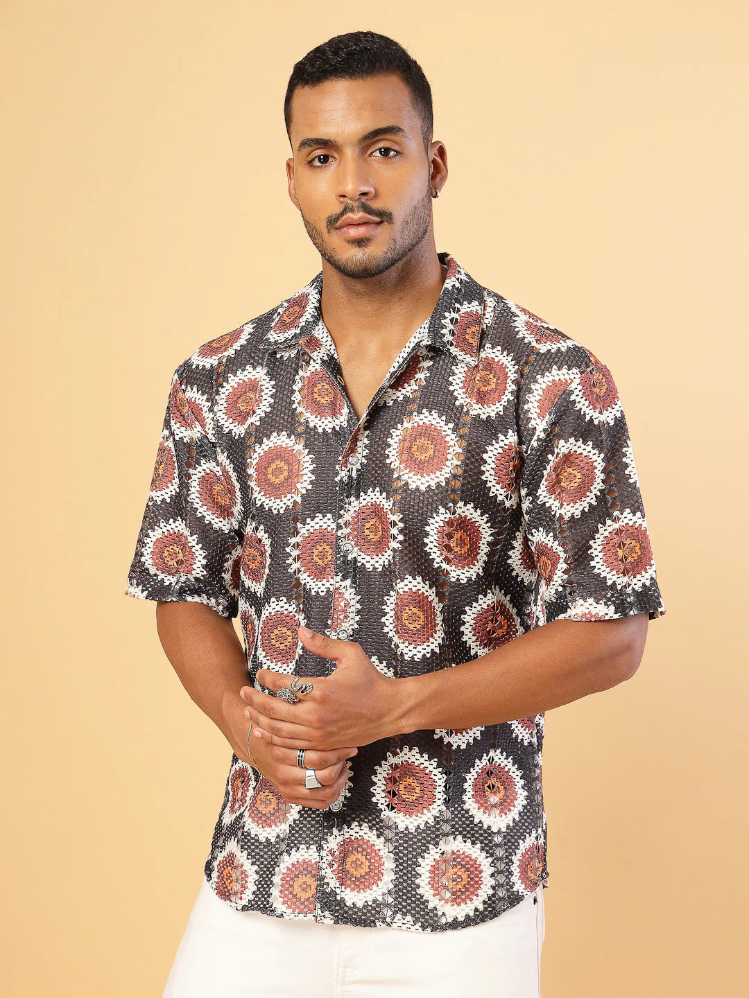 Men Botanical Print Crochet Cuban Collar Shirt - Image 4