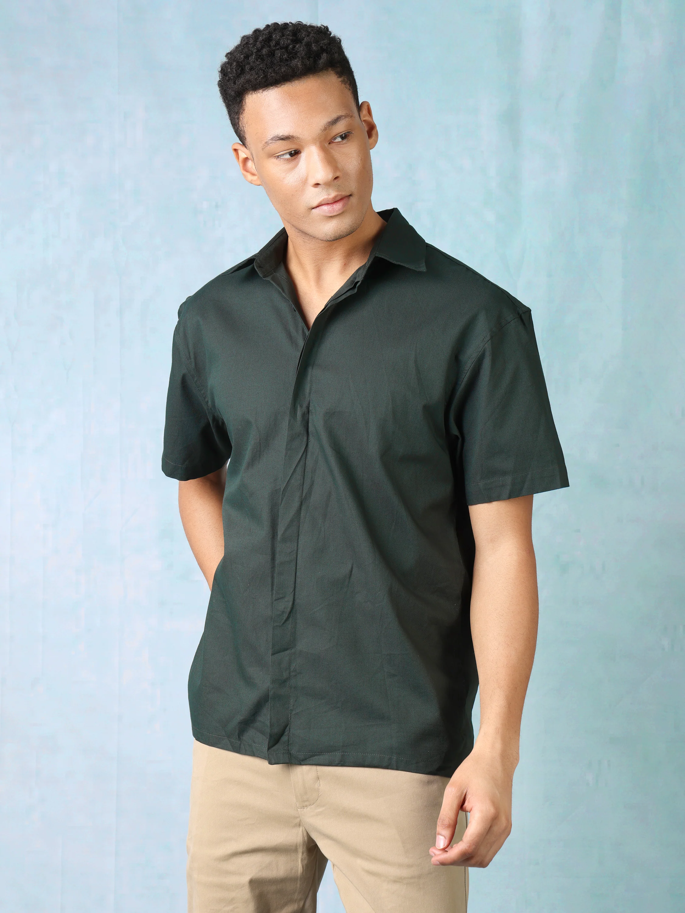 Men Bottle Green Oversized Shirt with concealed front button placket - Image 3
