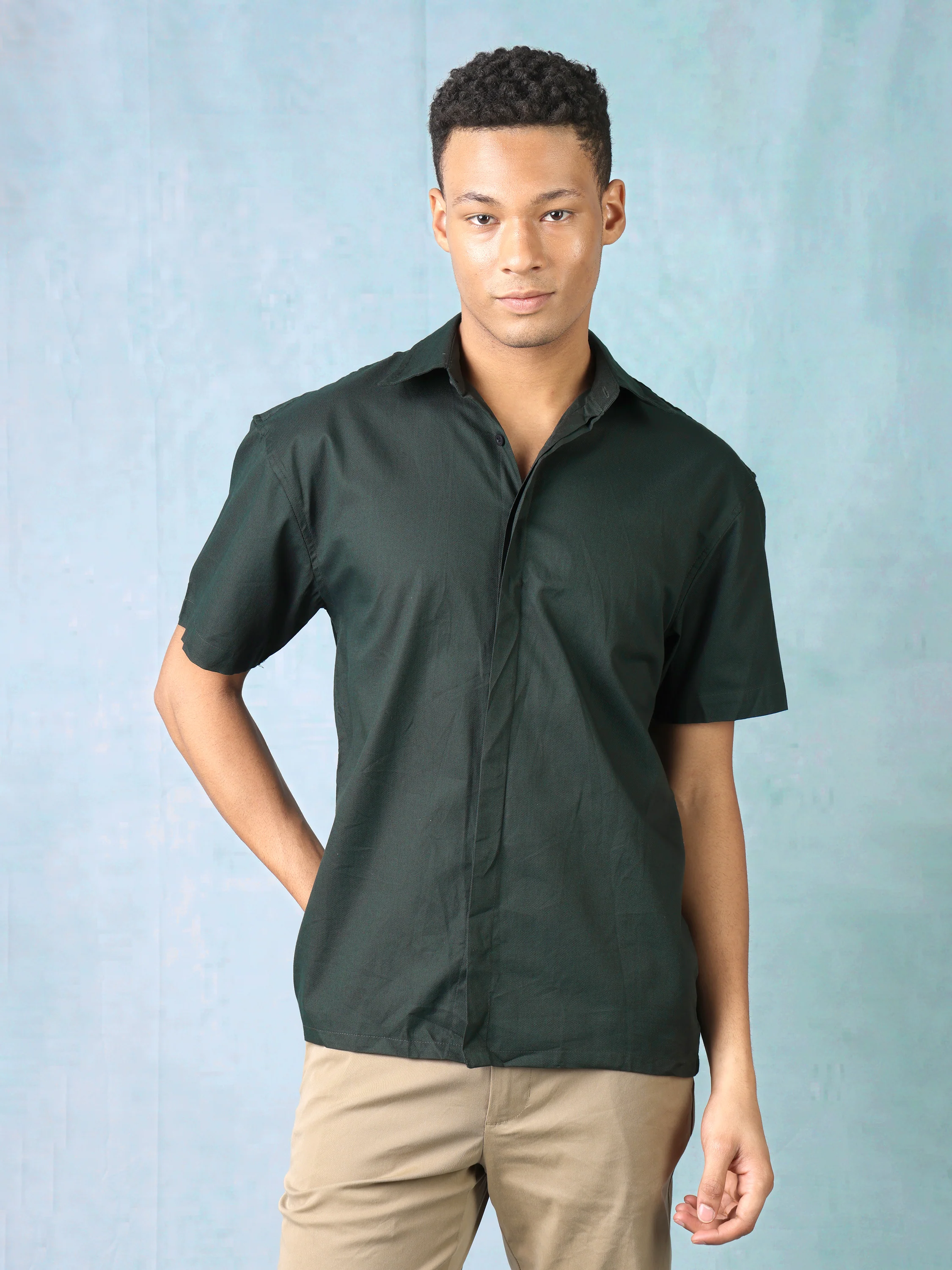 Men Bottle Green Oversized Shirt with concealed front button placket - Image 6