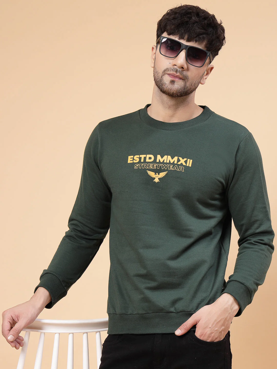 Men Bottle Green Placement Print Round Neck Fleece Sweatshirt - Image 2