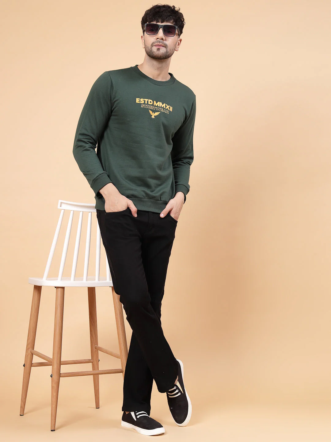 Men Bottle Green Placement Print Round Neck Fleece Sweatshirt - Image 3