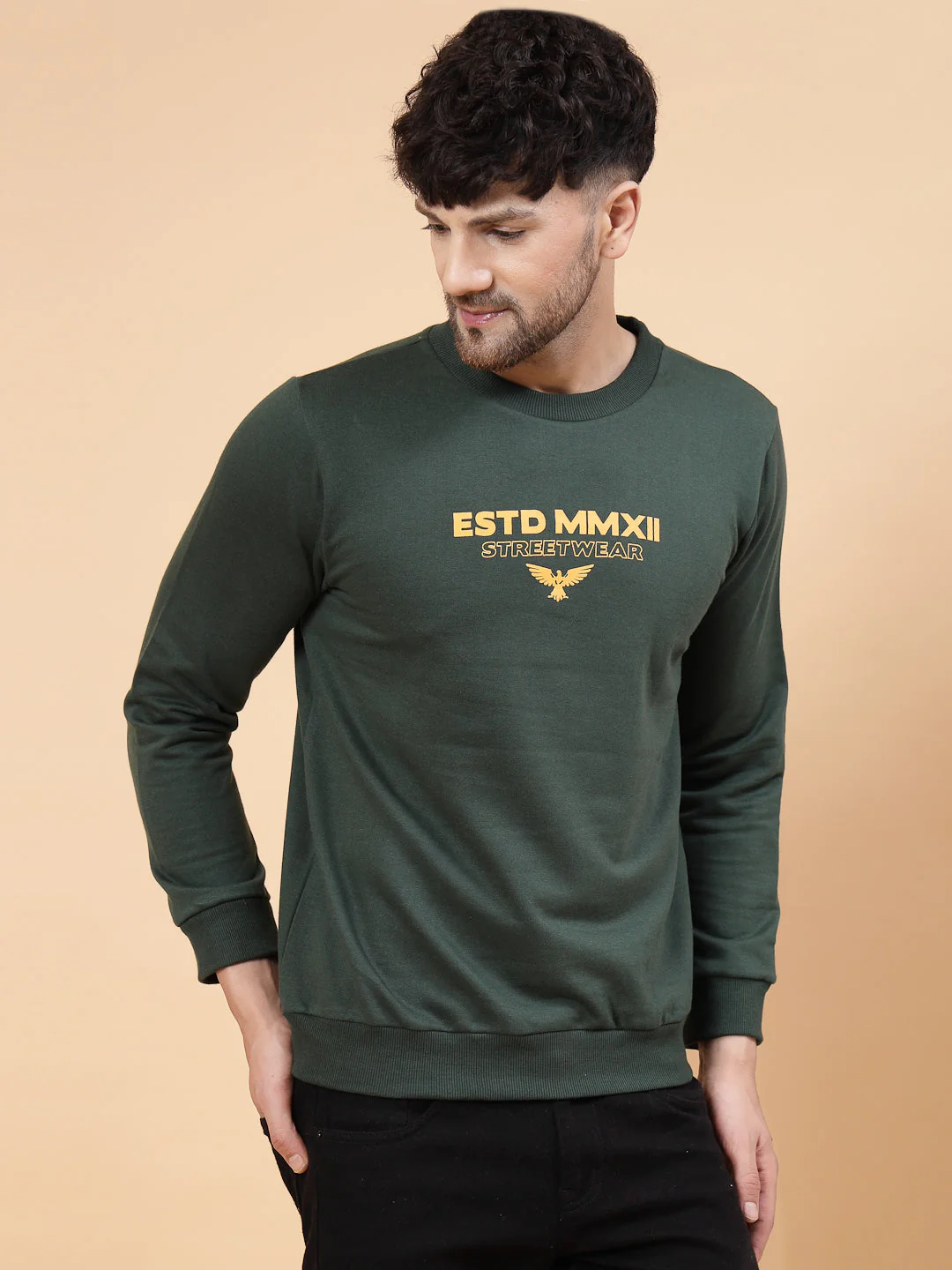 Men Bottle Green Placement Print Round Neck Fleece Sweatshirt - Image 4