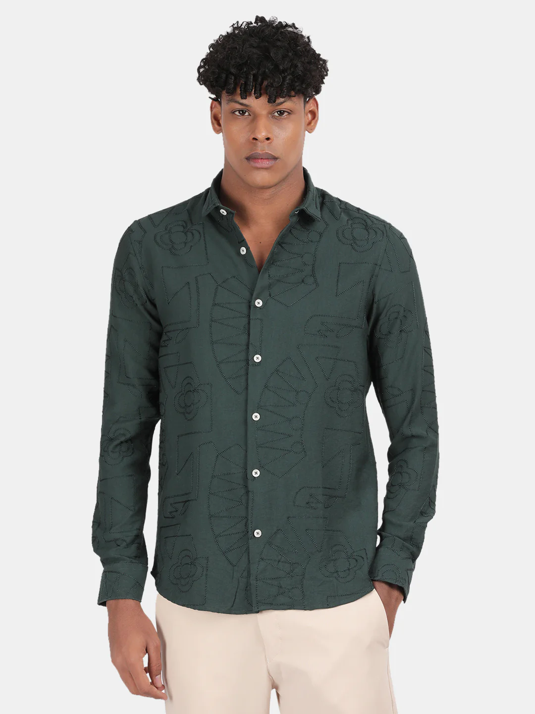 Men Bottle Green Slim Fit Spread Collar Full Sleeve Casual Shirt - Image 2