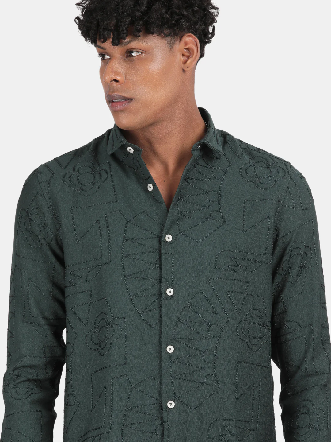 Men Bottle Green Slim Fit Spread Collar Full Sleeve Casual Shirt - Image 4