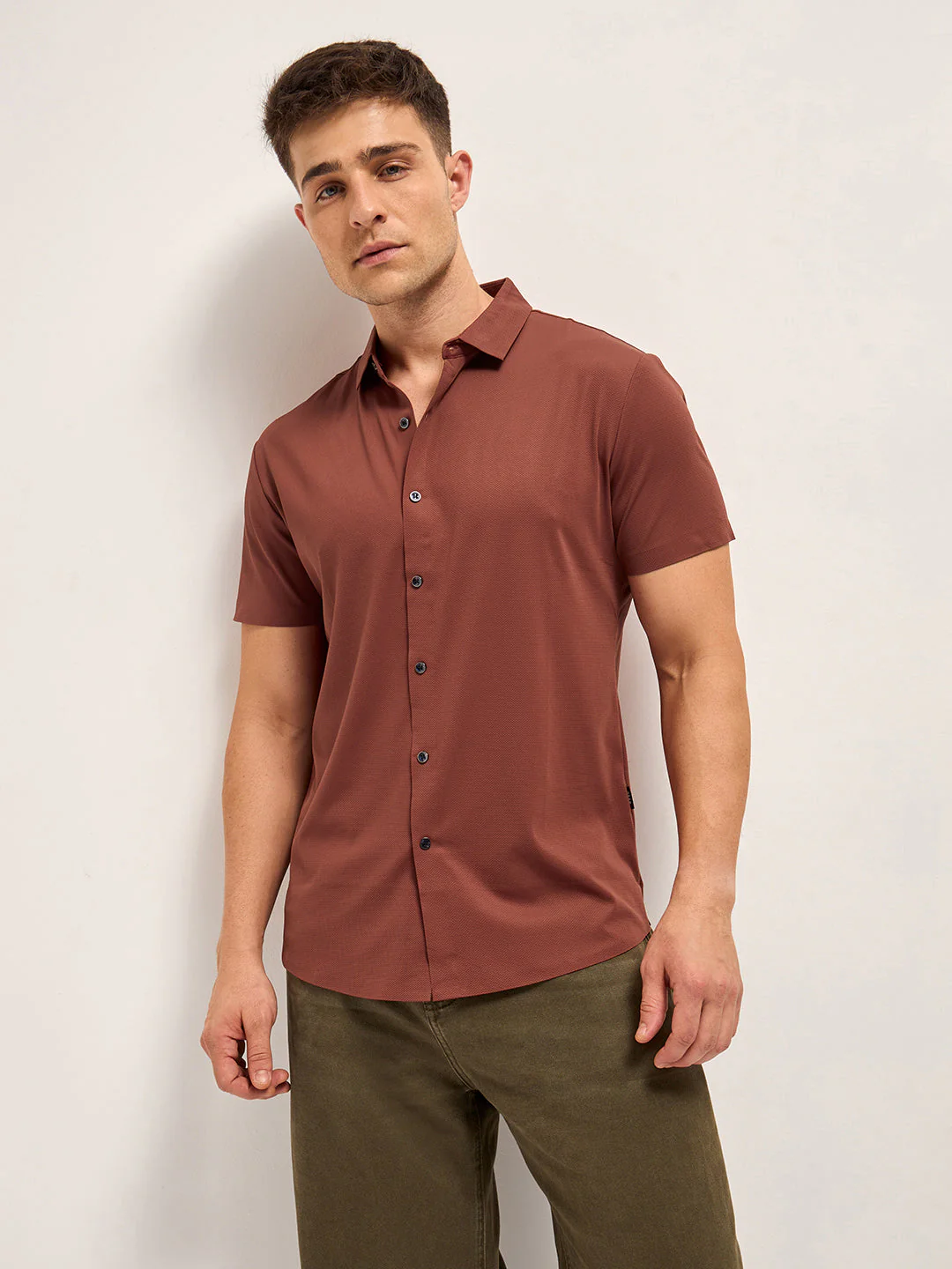 Men Brick Red Solid Nylon Blend Classic Spread Collar Shirt
