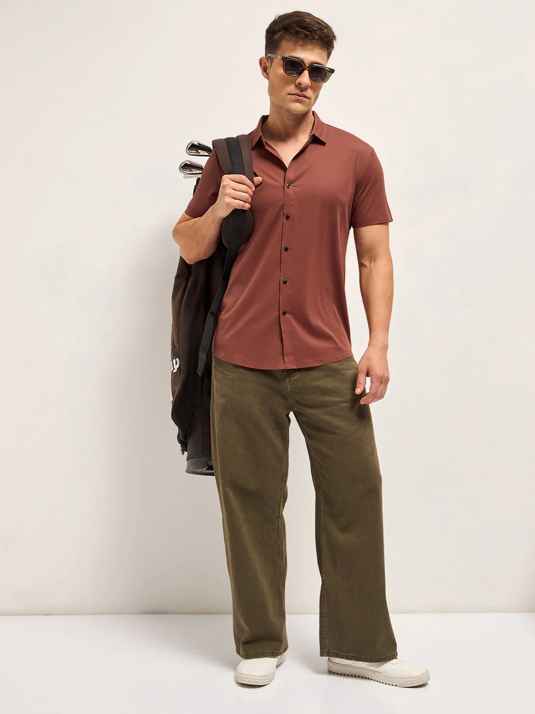 Men Brick Red Solid Nylon Blend Classic Spread Collar Shirt - Image 4