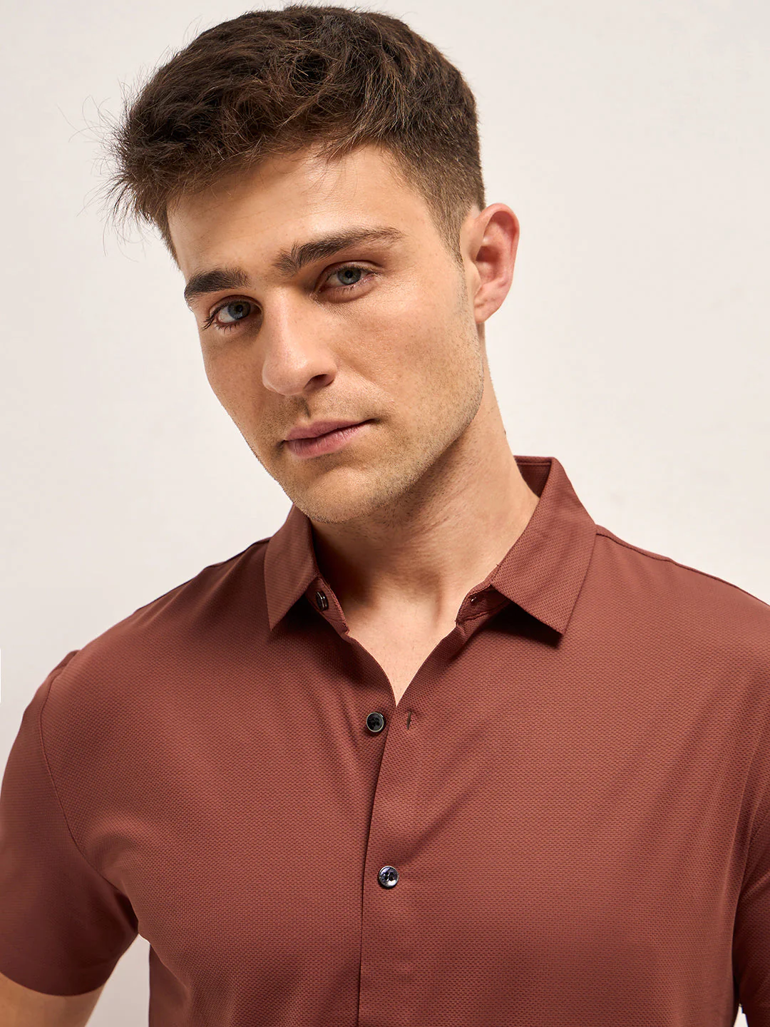 Men Brick Red Solid Nylon Blend Classic Spread Collar Shirt - Image 5