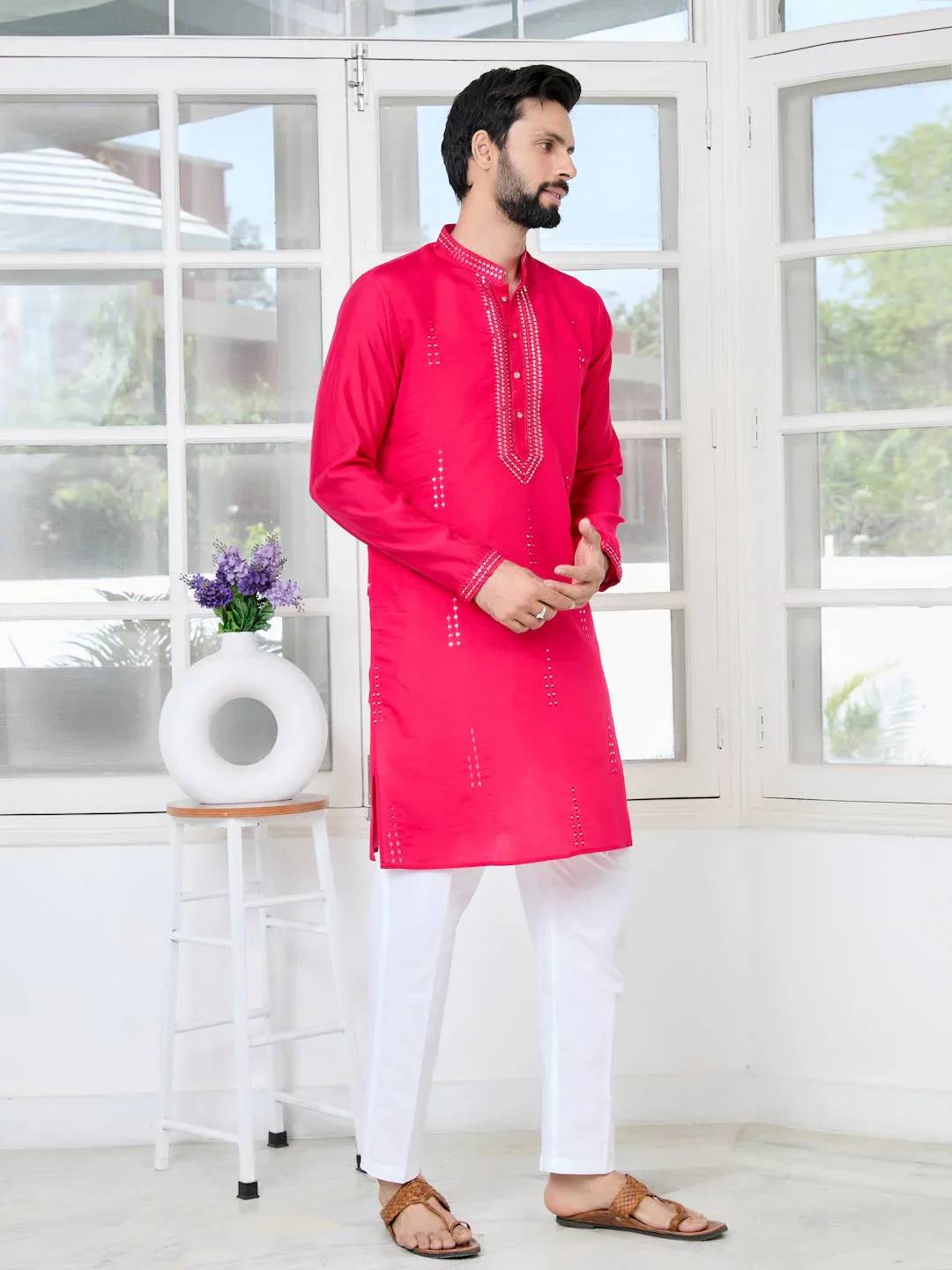 Men Pink Embroidered Sequins Cotton Chanderi Straight Kurta - Image 2