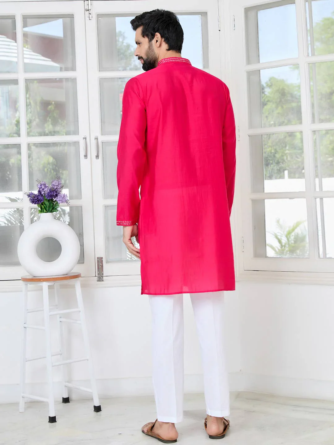 Men Pink Embroidered Sequins Cotton Chanderi Straight Kurta - Image 3