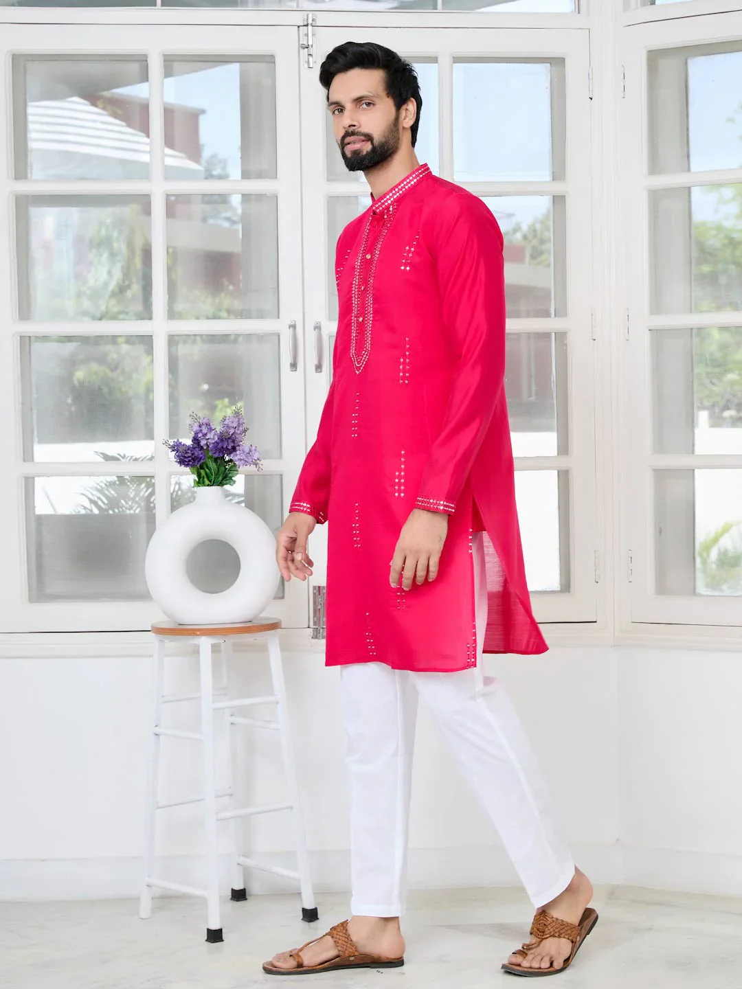 Men Pink Embroidered Sequins Cotton Chanderi Straight Kurta - Image 4