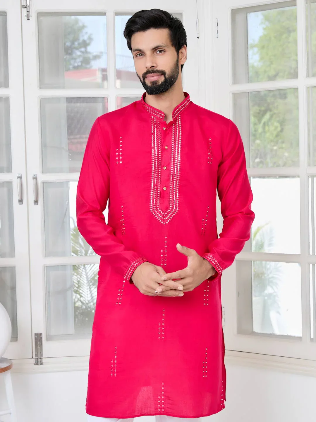 Men Pink Embroidered Sequins Cotton Chanderi Straight Kurta - Image 6