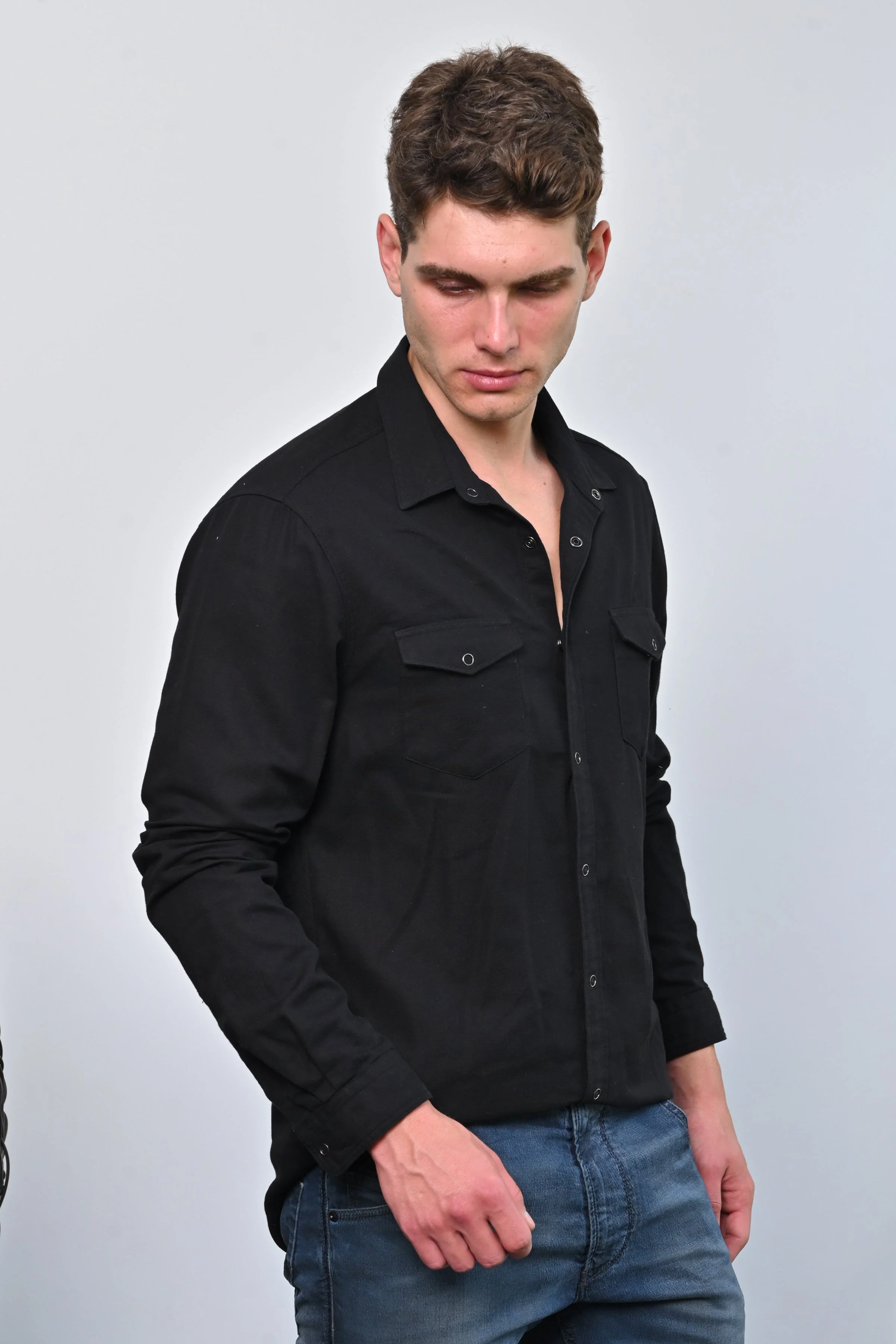Men Brogan Cotton Pocketed Solid Shirt Black - Image 2