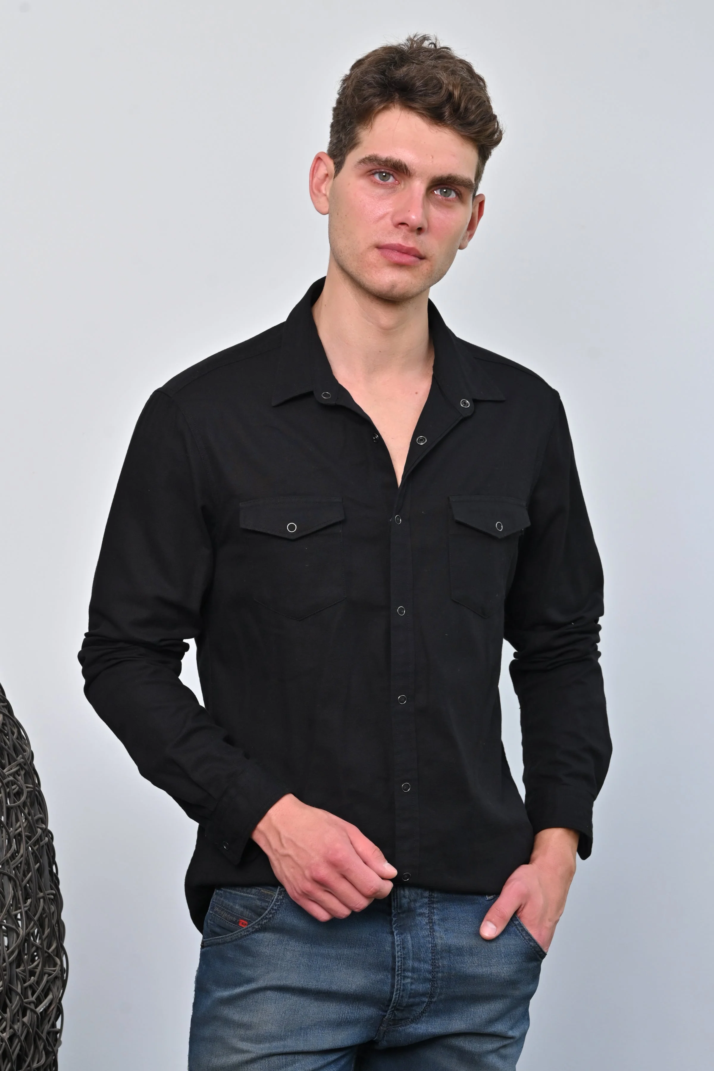 Men Brogan Cotton Pocketed Solid Shirt Black - Image 3