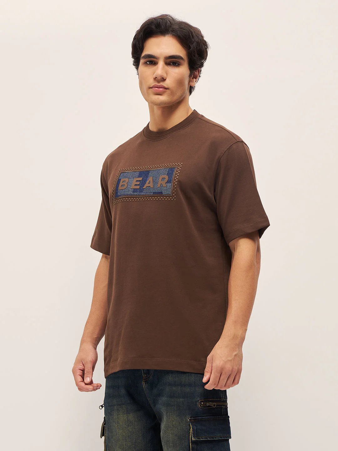 Men Brown 3D graphic Design Crew Neck Oversize T-Shirt - Image 3