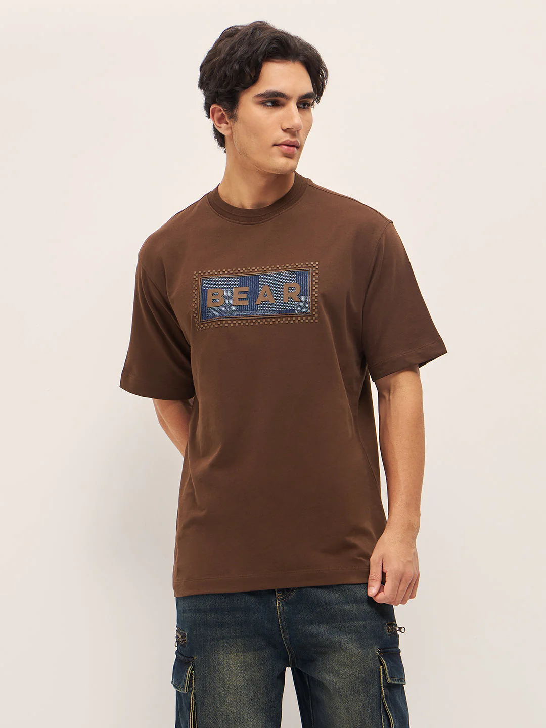 Men Brown 3D graphic Design Crew Neck Oversize T-Shirt - Image 6