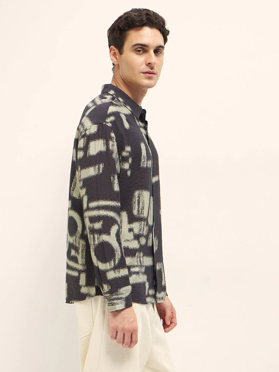 Men Brown Abstract Brushstroke Print Relax Fit Overshirt - Image 3