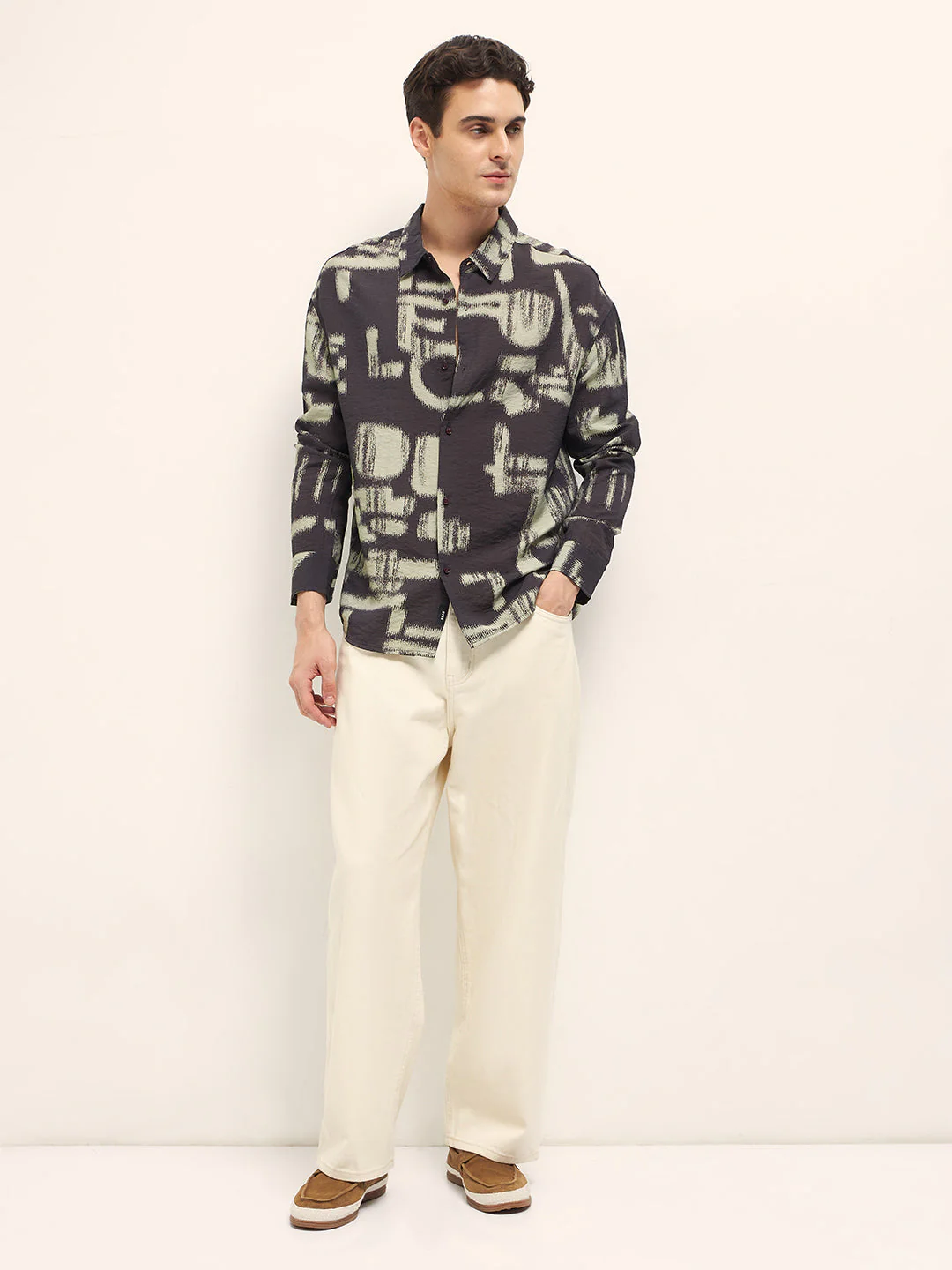 Men Brown Abstract Brushstroke Print Relax Fit Overshirt - Image 4
