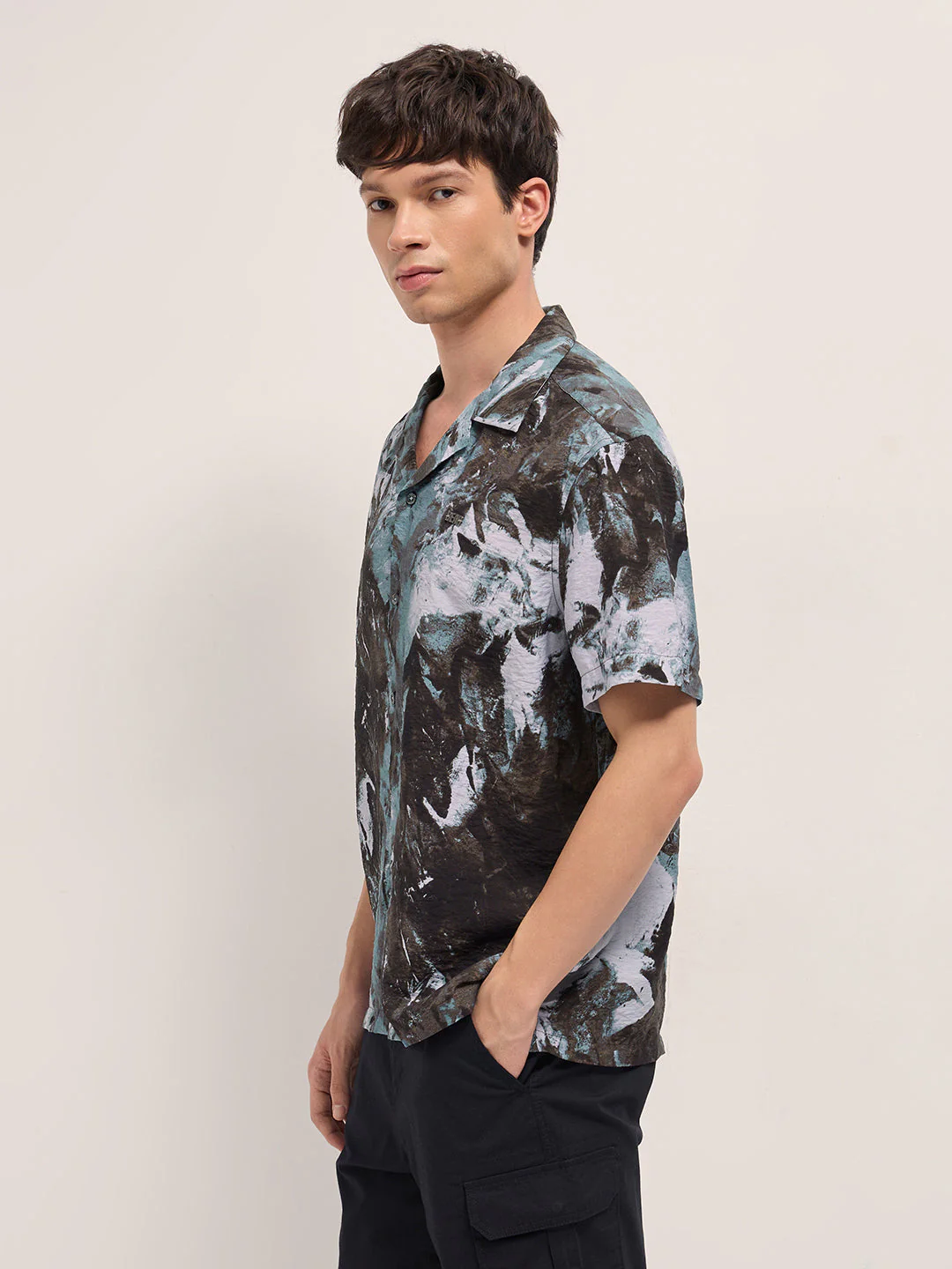 Men Brown Abstract Digital Print Relaxed Fit Cuban Collar Shirt - Image 3
