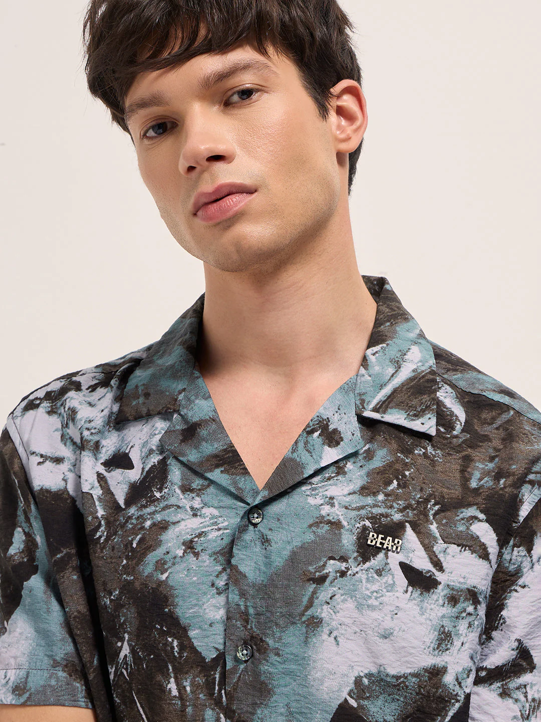 Men Brown Abstract Digital Print Relaxed Fit Cuban Collar Shirt - Image 5