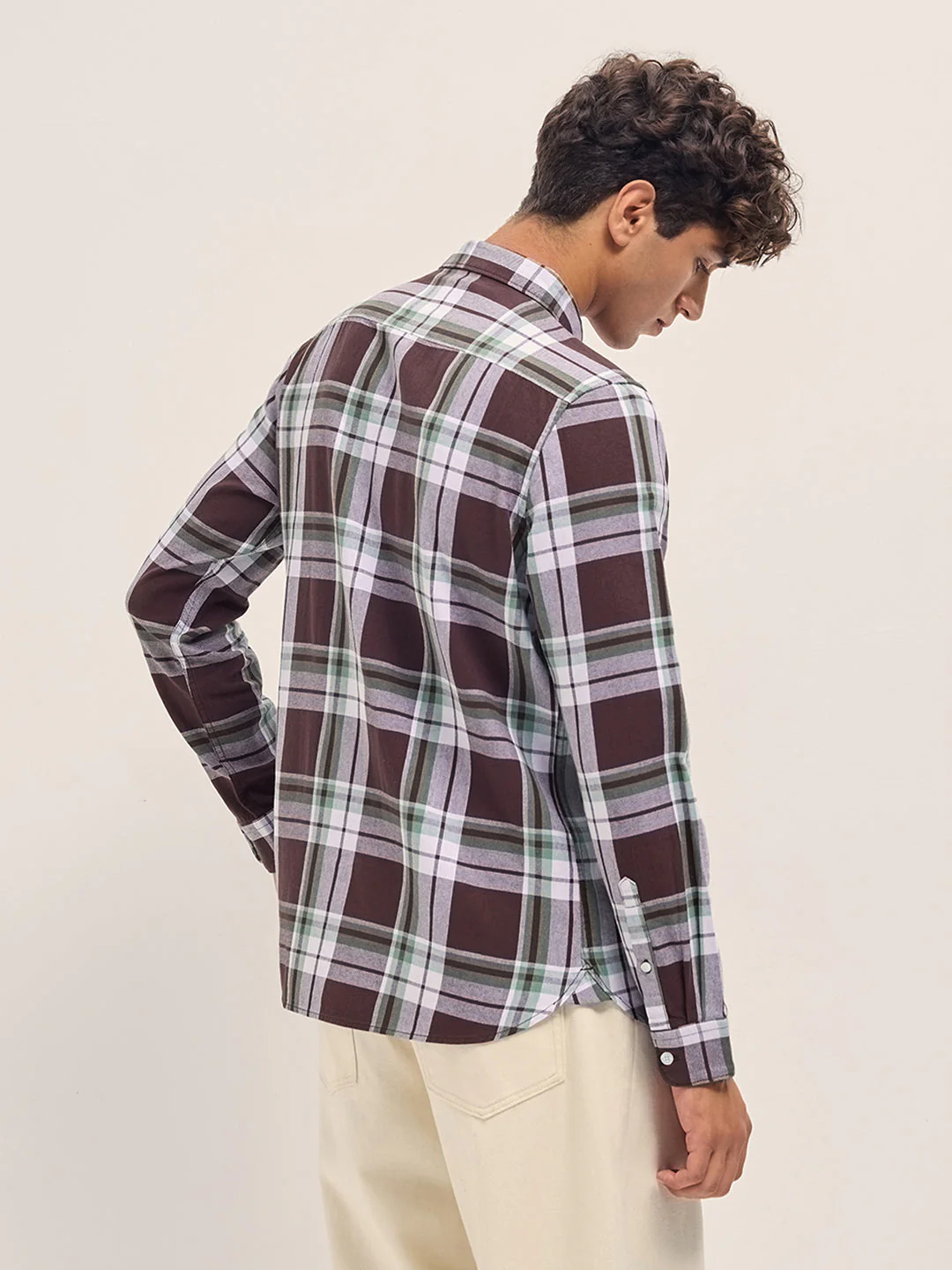 Men Brown and White Checkered Slim Fit Casual Shirt - Image 2