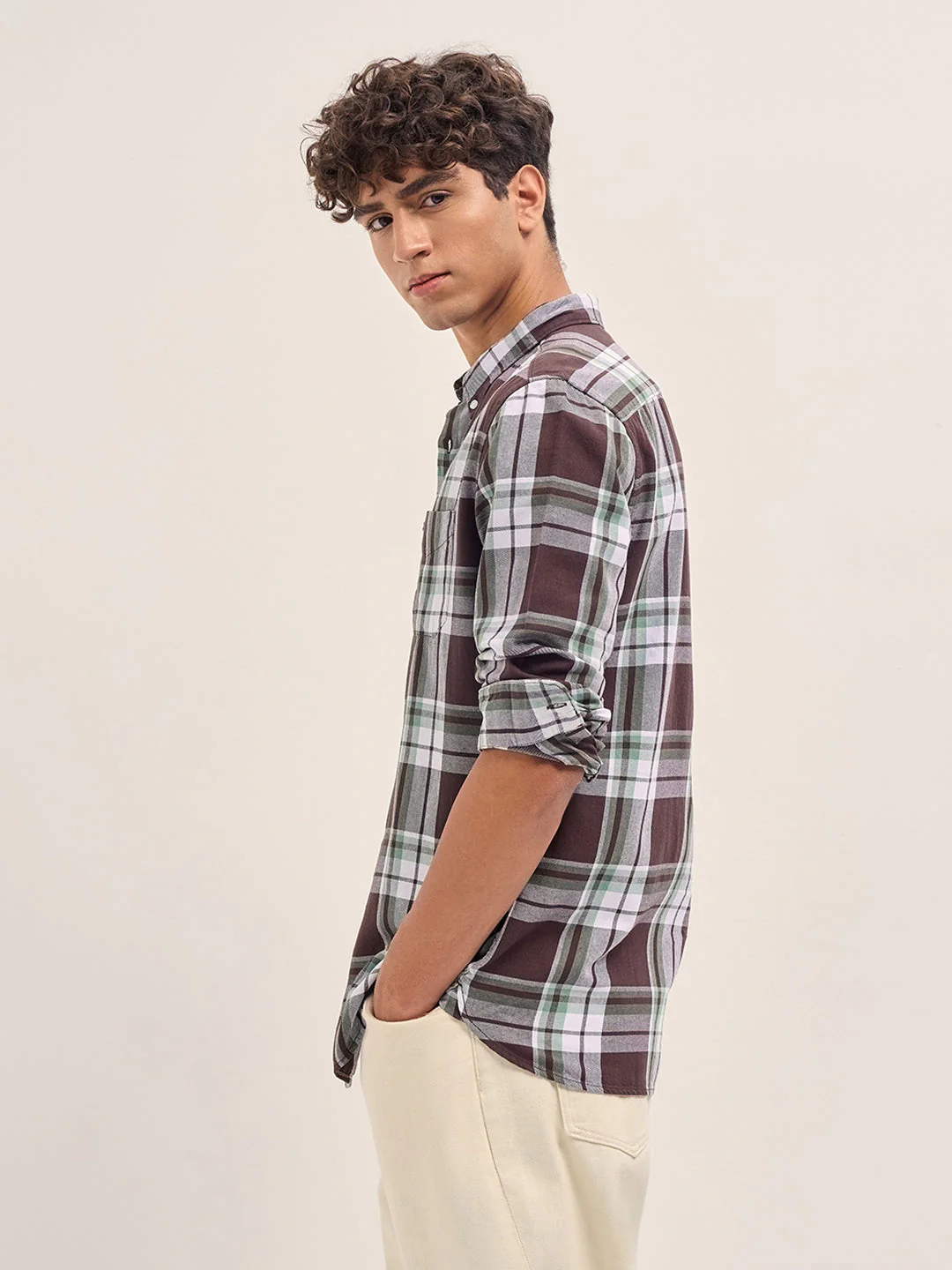Men Brown and White Checkered Slim Fit Casual Shirt - Image 3