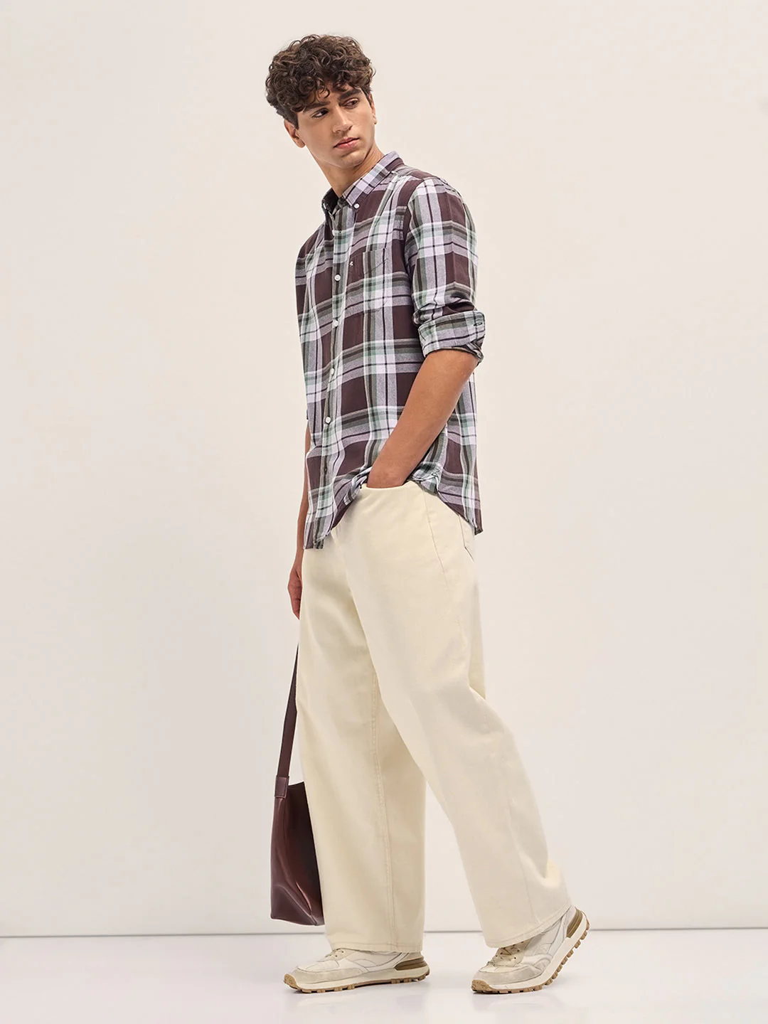 Men Brown and White Checkered Slim Fit Casual Shirt - Image 4