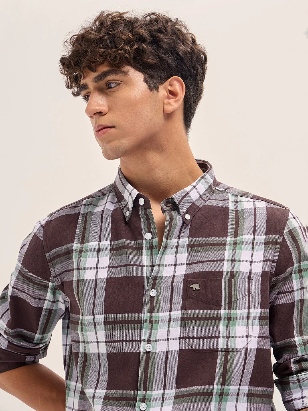Men Brown and White Checkered Slim Fit Casual Shirt - Image 5