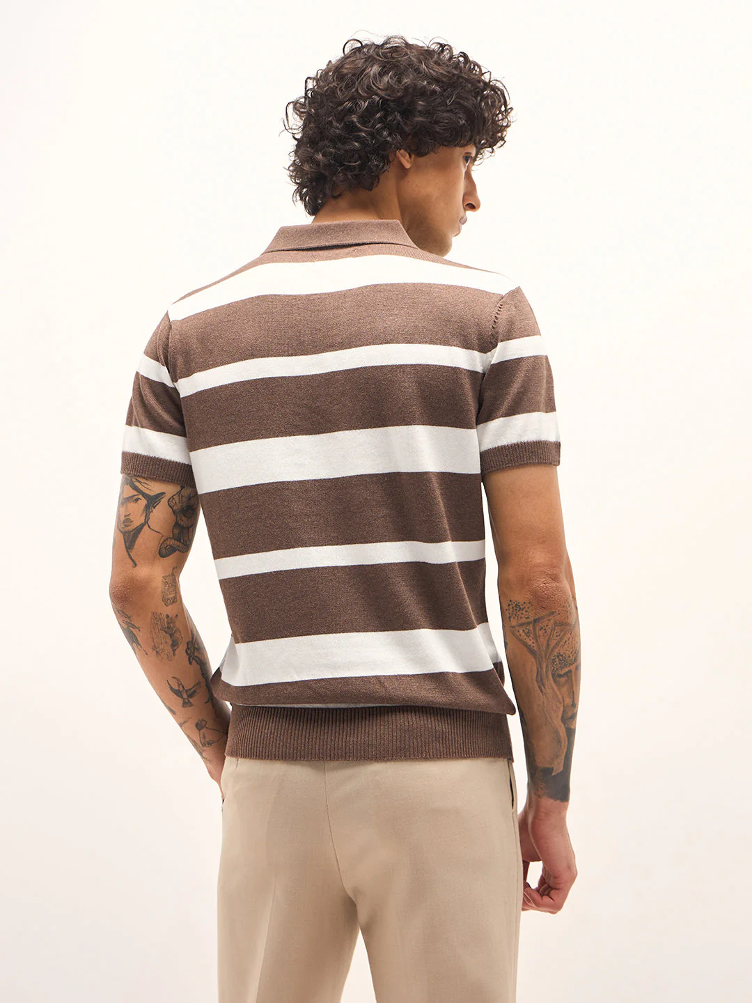 Men Brown and White Horizontal Stripes Slim Fit Polo - Image 2