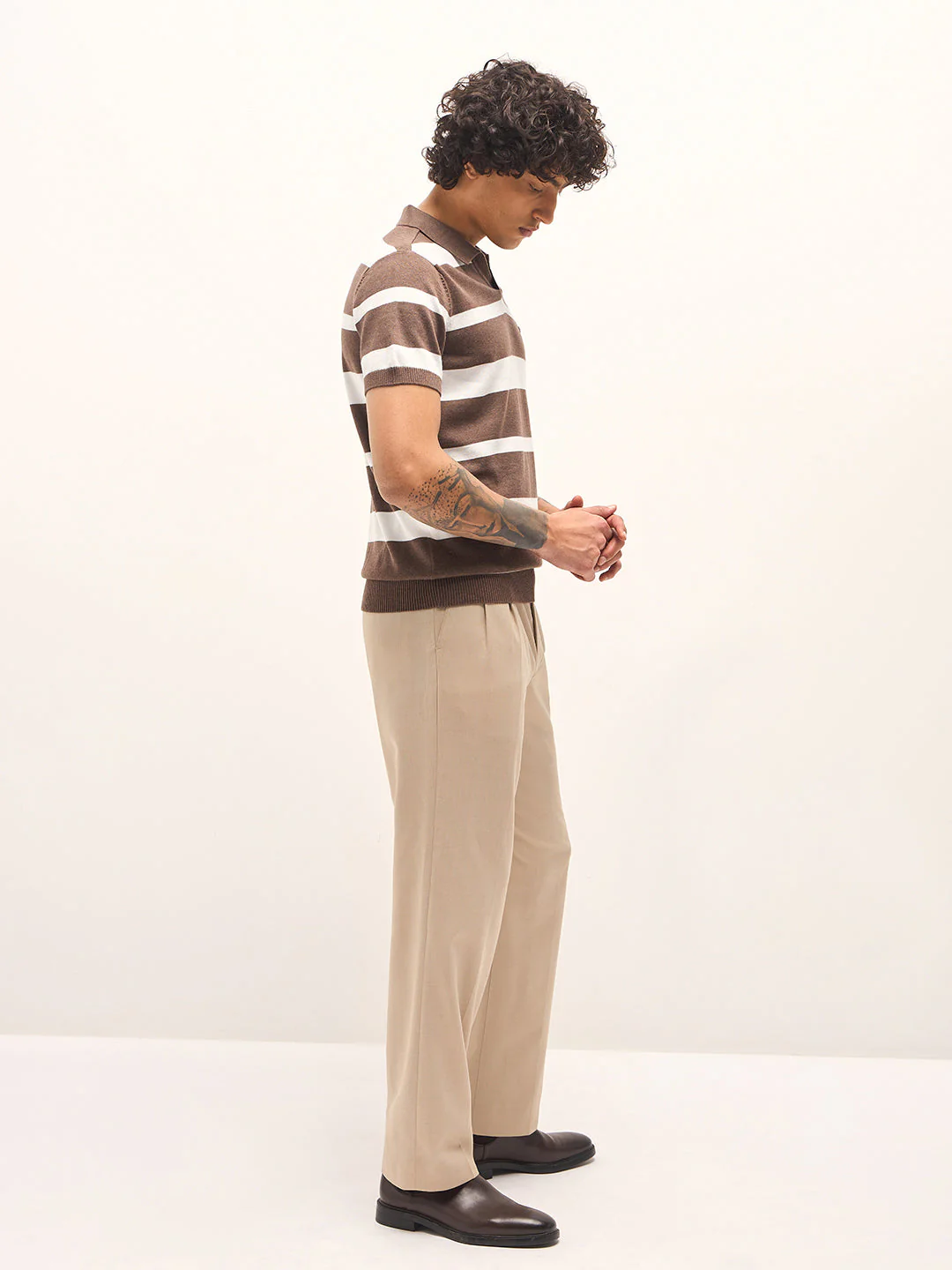 Men Brown and White Horizontal Stripes Slim Fit Polo - Image 3