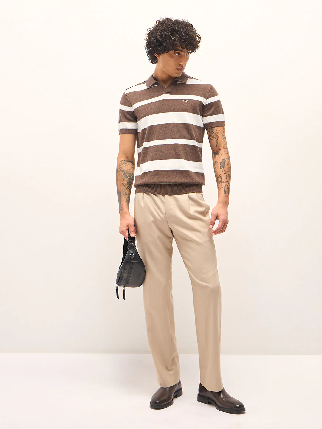 Men Brown and White Horizontal Stripes Slim Fit Polo - Image 4