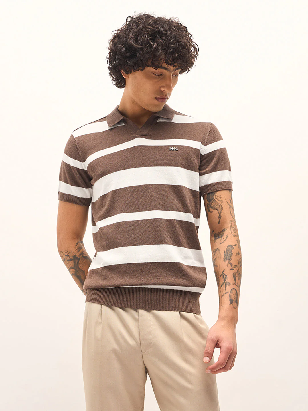 Men Brown and White Horizontal Stripes Slim Fit Polo - Image 6