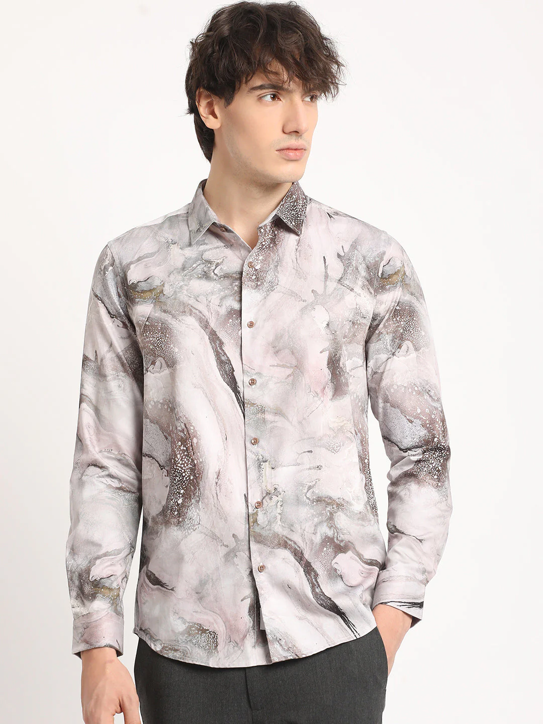 Men  Brown Artistic Marble Design Print Long-Sleeve Slim Fit Casual Shirt - Image 2