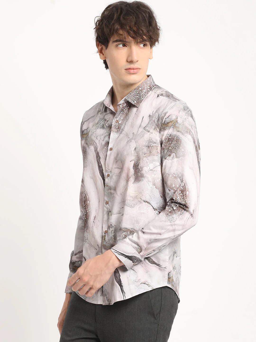 Men  Brown Artistic Marble Design Print Long-Sleeve Slim Fit Casual Shirt - Image 3