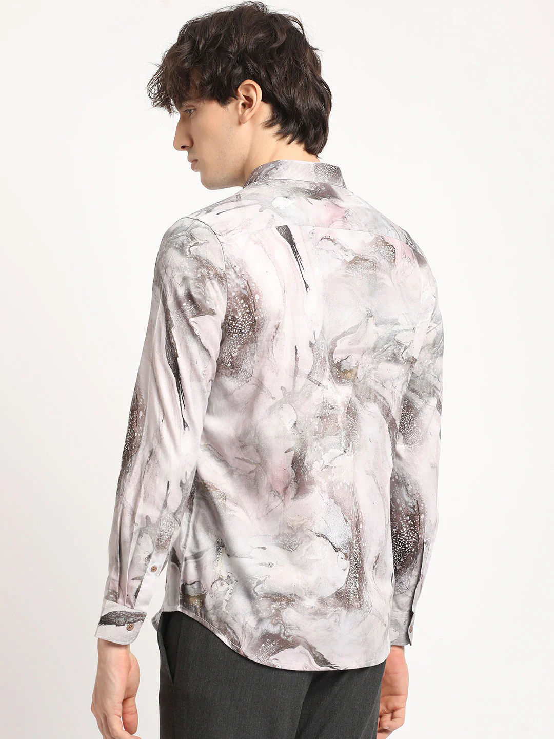 Men  Brown Artistic Marble Design Print Long-Sleeve Slim Fit Casual Shirt - Image 4