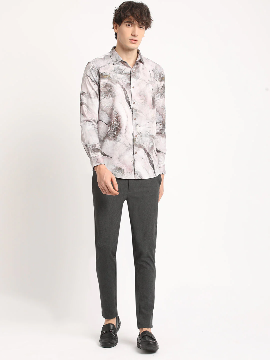 Men  Brown Artistic Marble Design Print Long-Sleeve Slim Fit Casual Shirt - Image 5