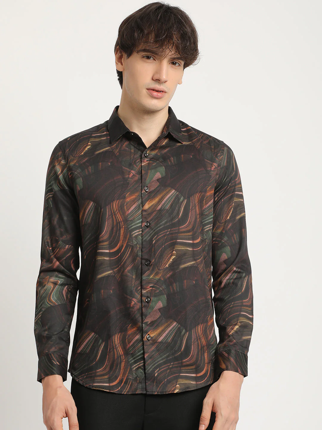 Men  Brown Artistic Swirl Print Slim Fit Casual Shirt - Image 2