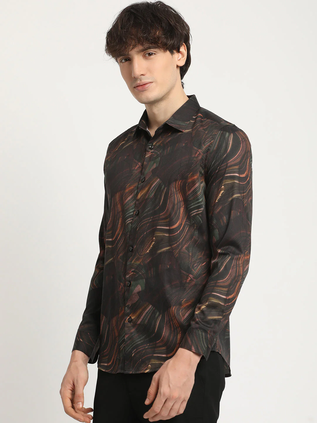 Men  Brown Artistic Swirl Print Slim Fit Casual Shirt - Image 3