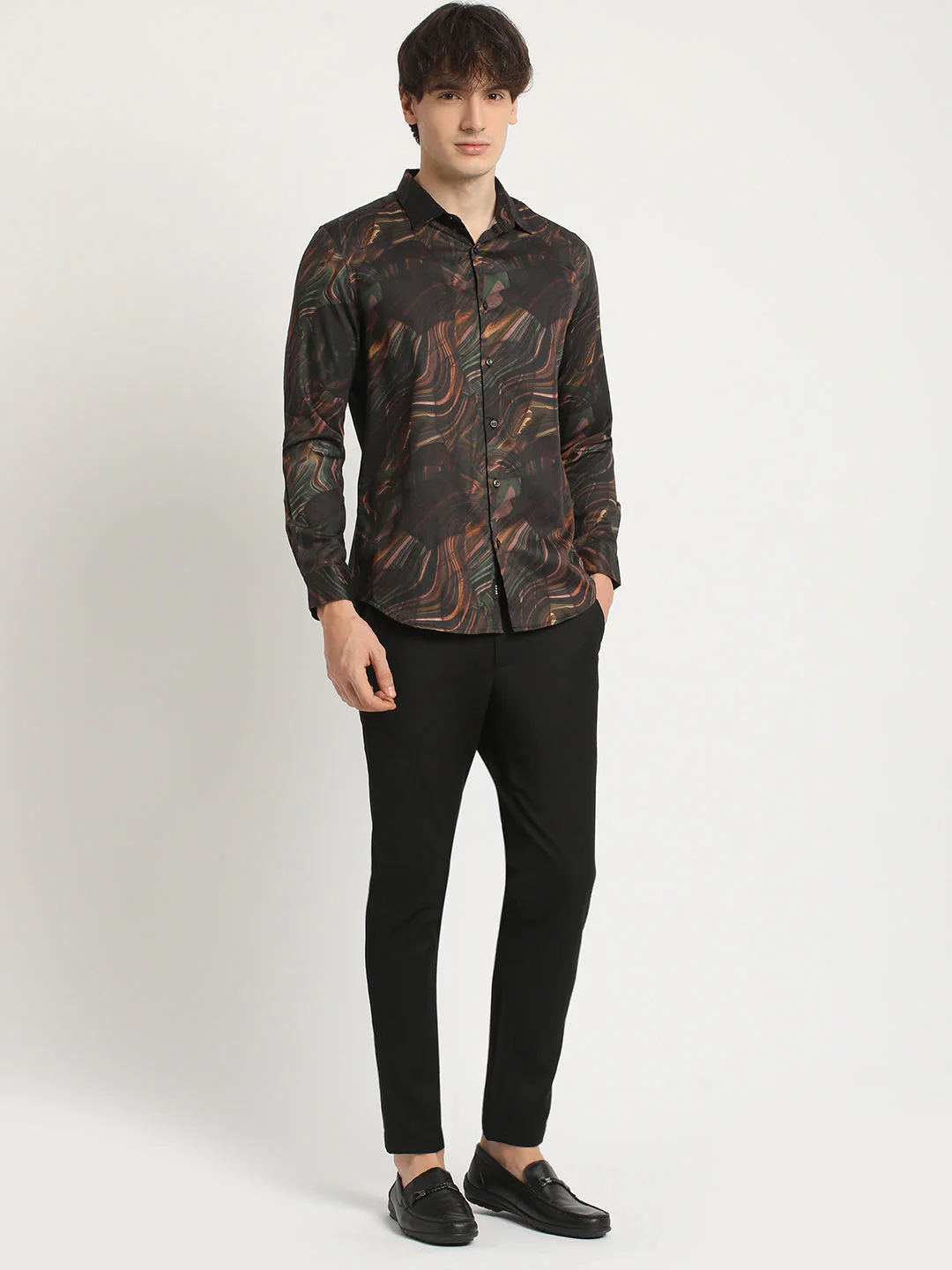 Men  Brown Artistic Swirl Print Slim Fit Casual Shirt - Image 5