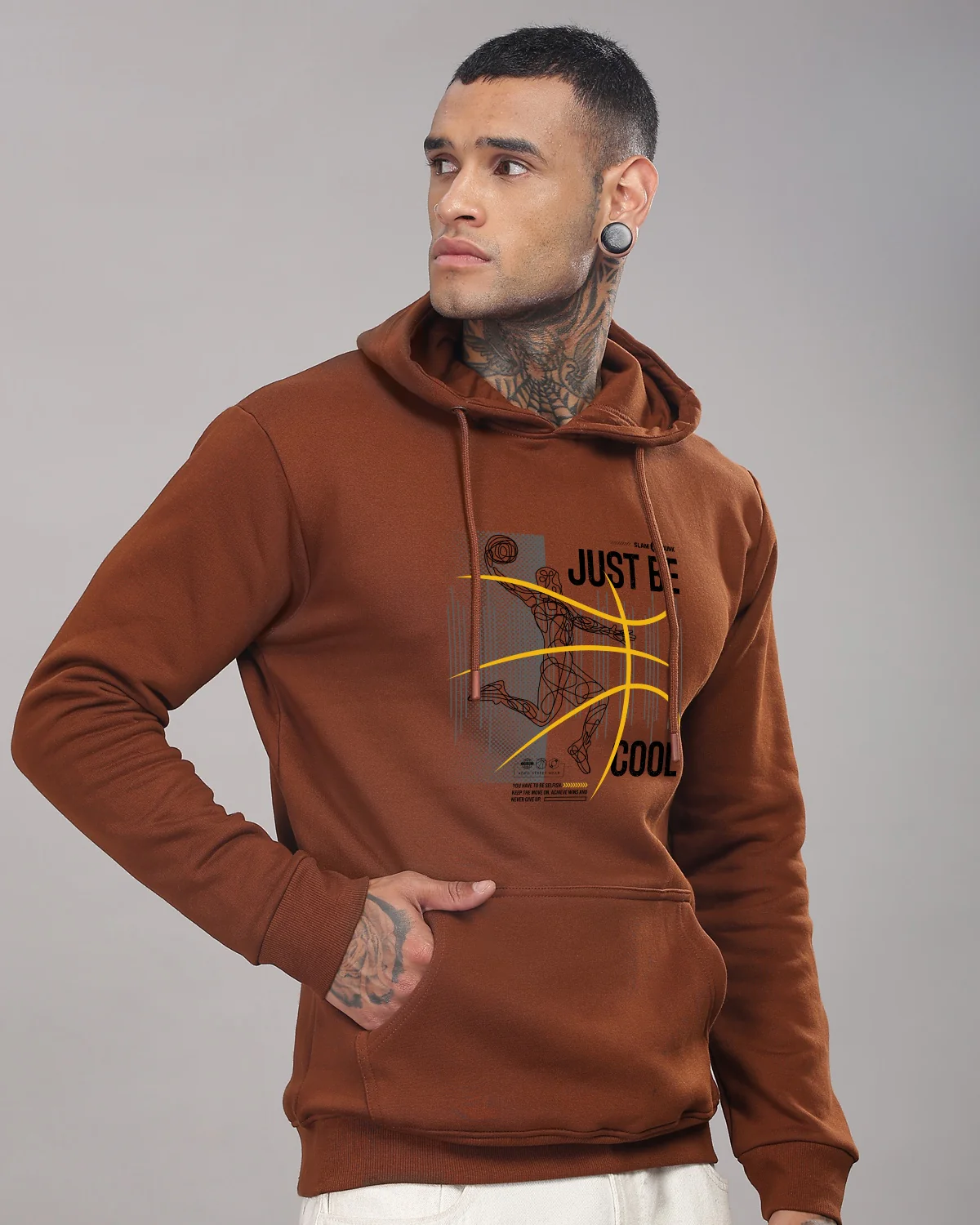 Men Brown Basketball Design Hoodie - Image 5