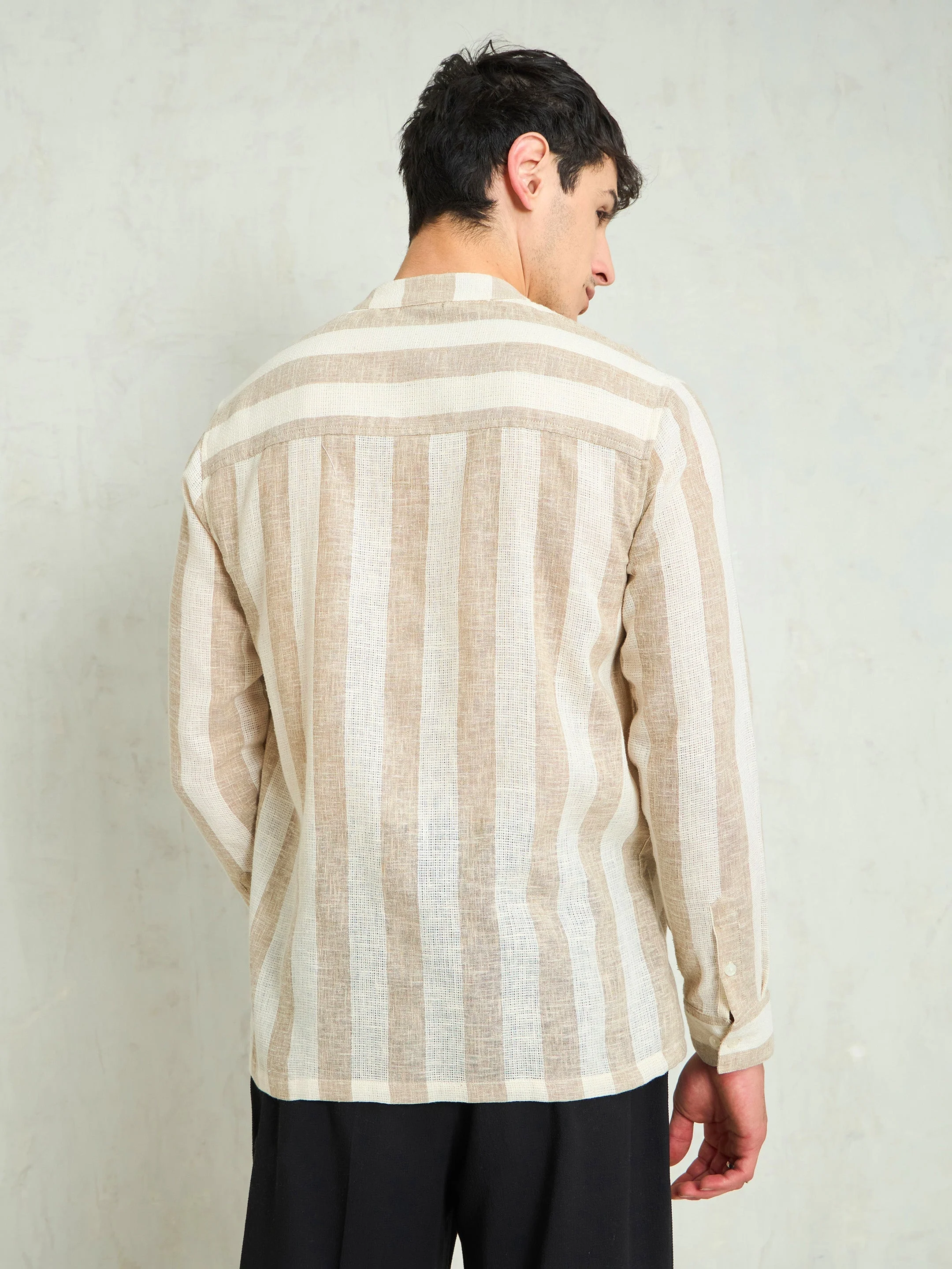 Men Brown & Beige Cotton Striped Mandarin Collar Relax Fit Shirt - Image 2