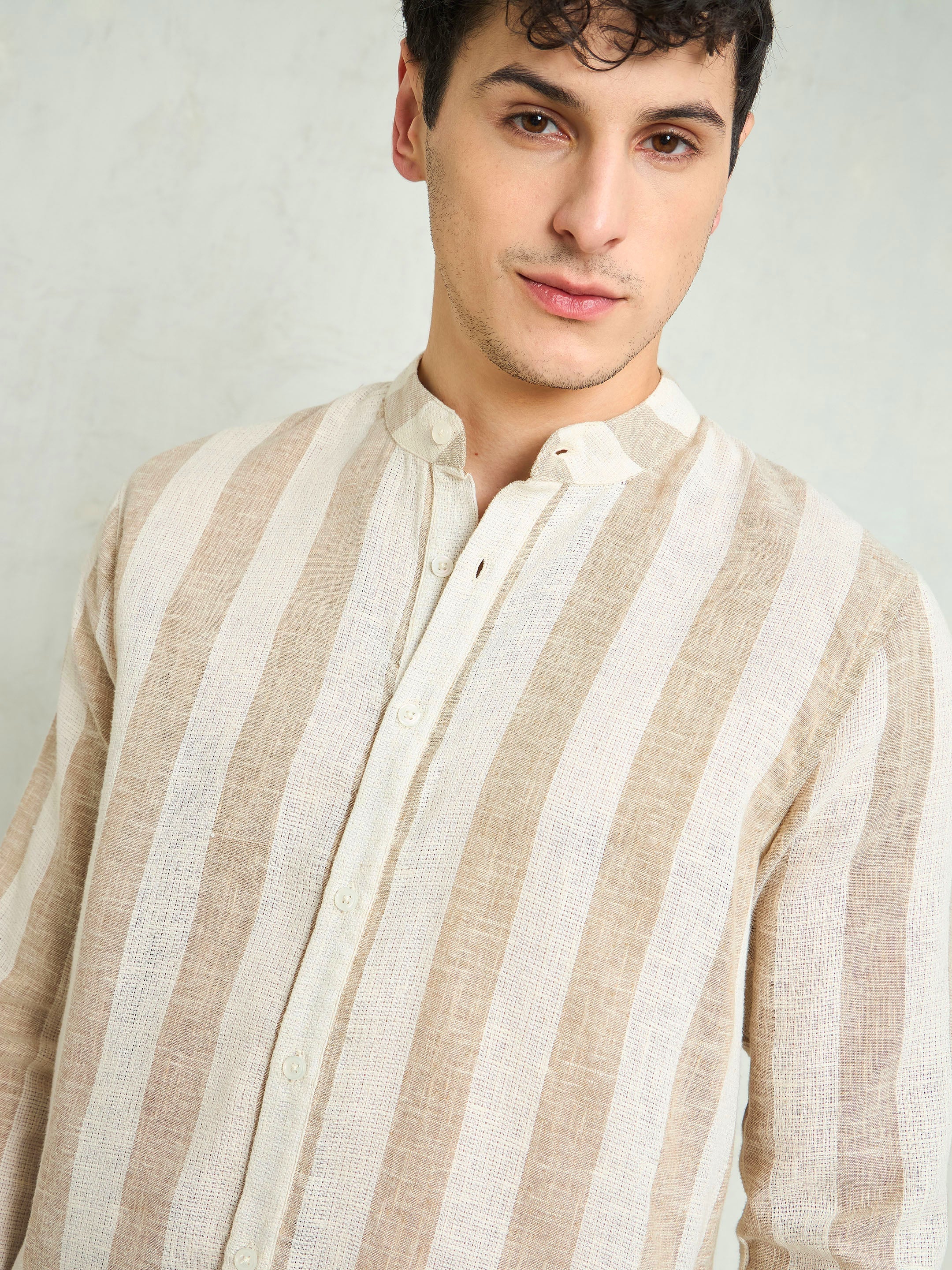 Men Brown & Beige Cotton Striped Mandarin Collar Relax Fit Shirt - Image 3