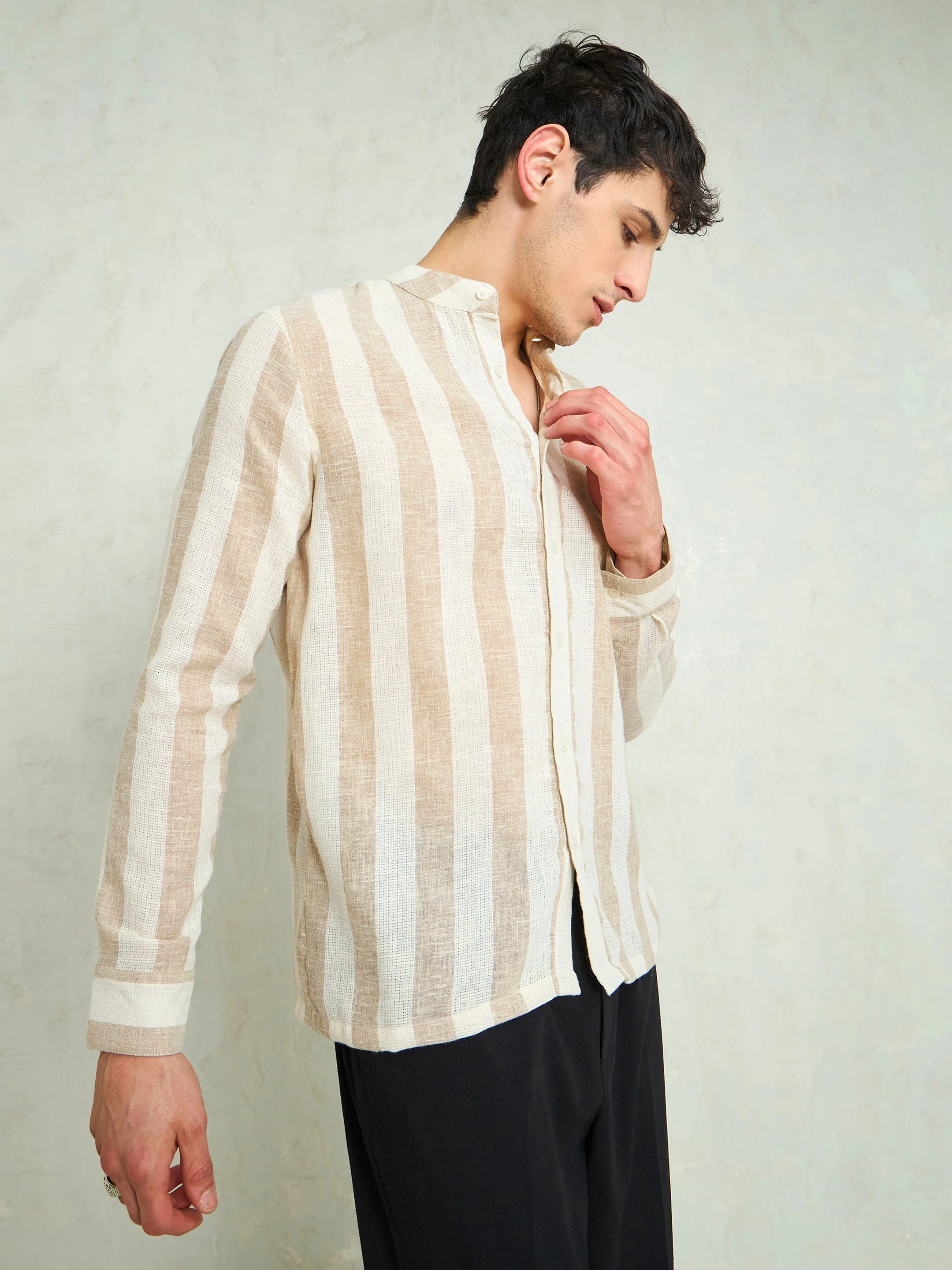 Men Brown & Beige Cotton Striped Mandarin Collar Relax Fit Shirt - Image 4