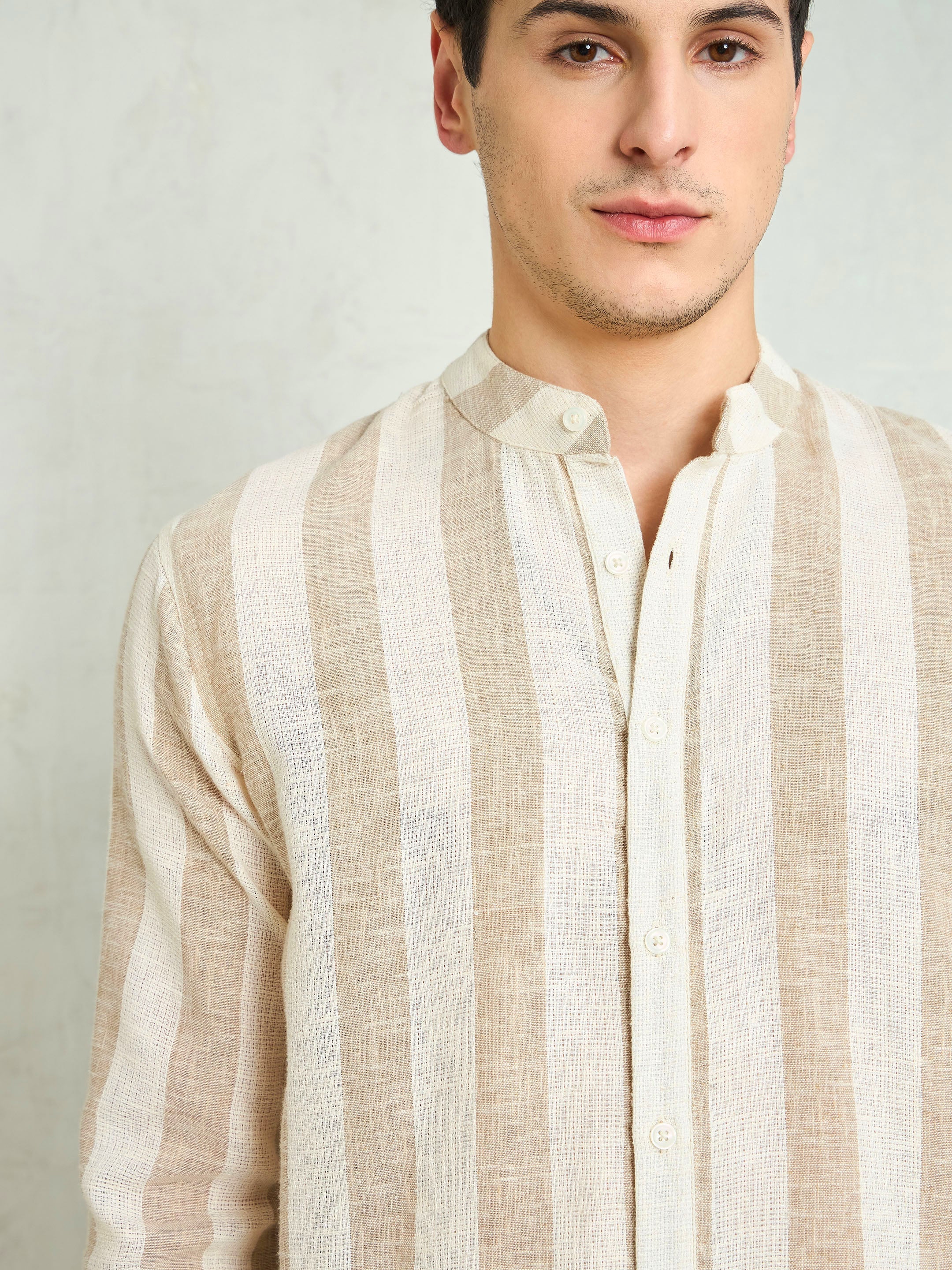 Men Brown & Beige Cotton Striped Mandarin Collar Relax Fit Shirt - Image 5