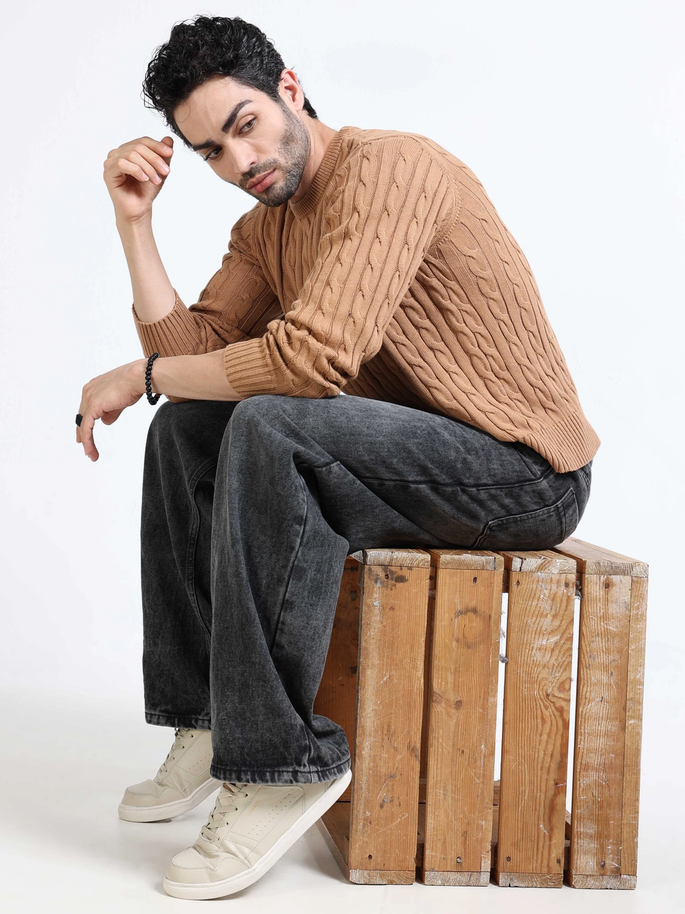 Men Brown Cable Knit Sweater - Image 2