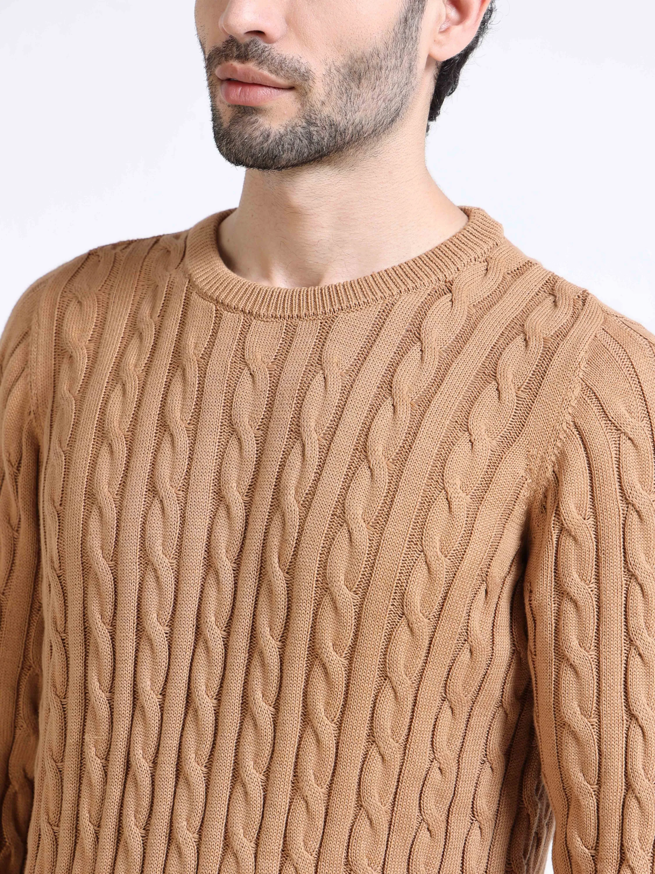 Men Brown Cable Knit Sweater - Image 3
