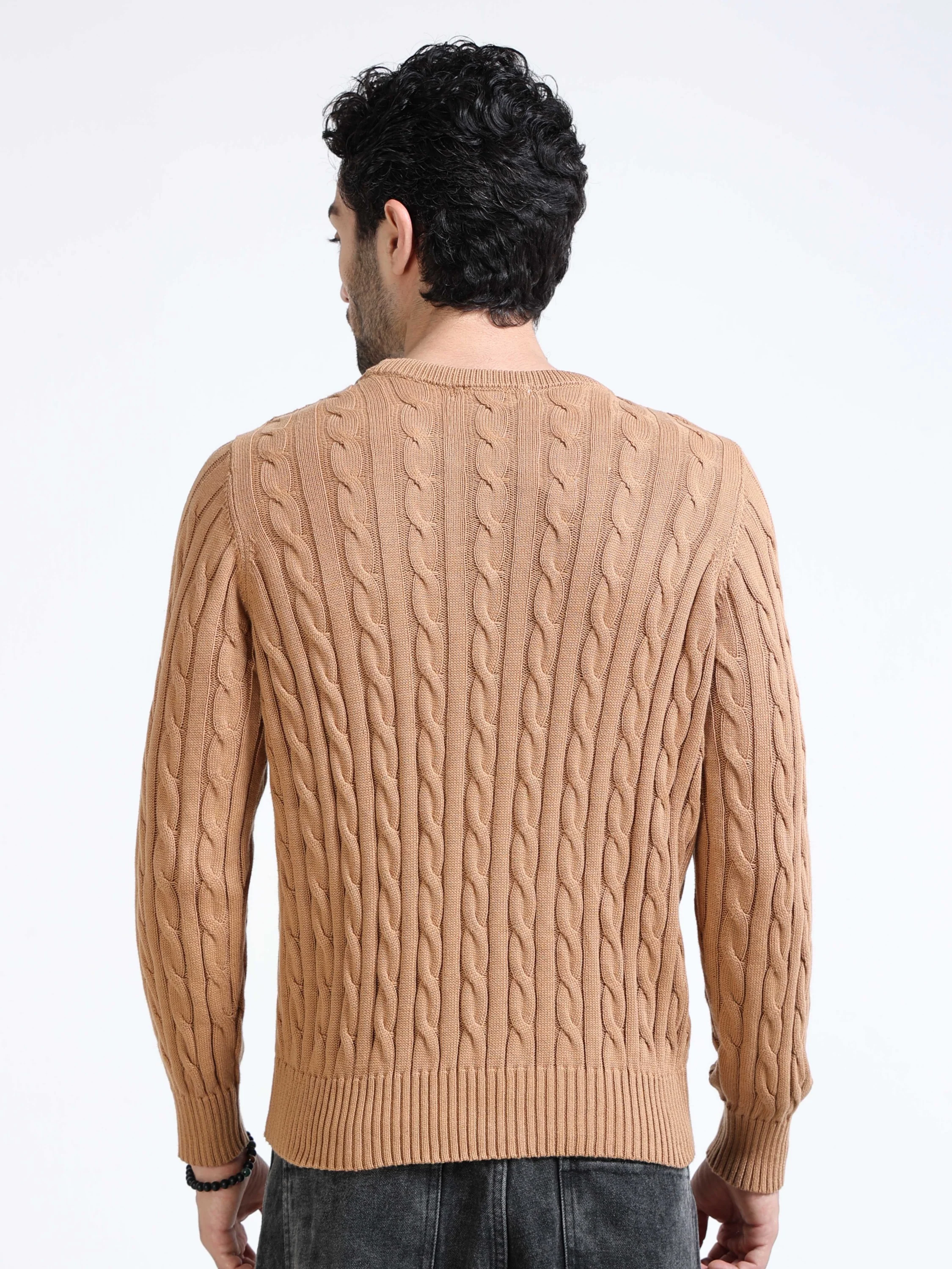 Men Brown Cable Knit Sweater - Image 4