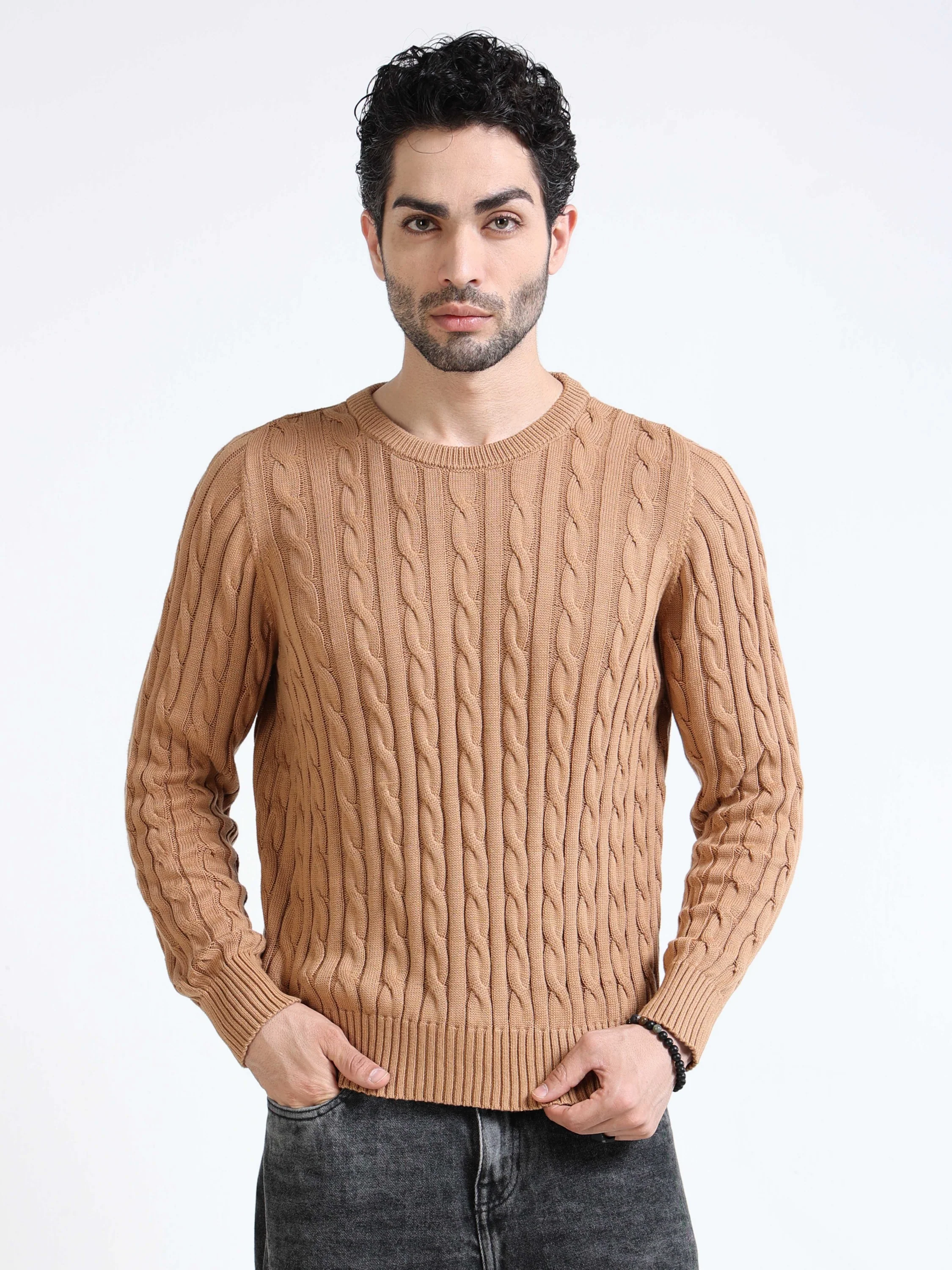 Men Brown Cable Knit Sweater - Image 5