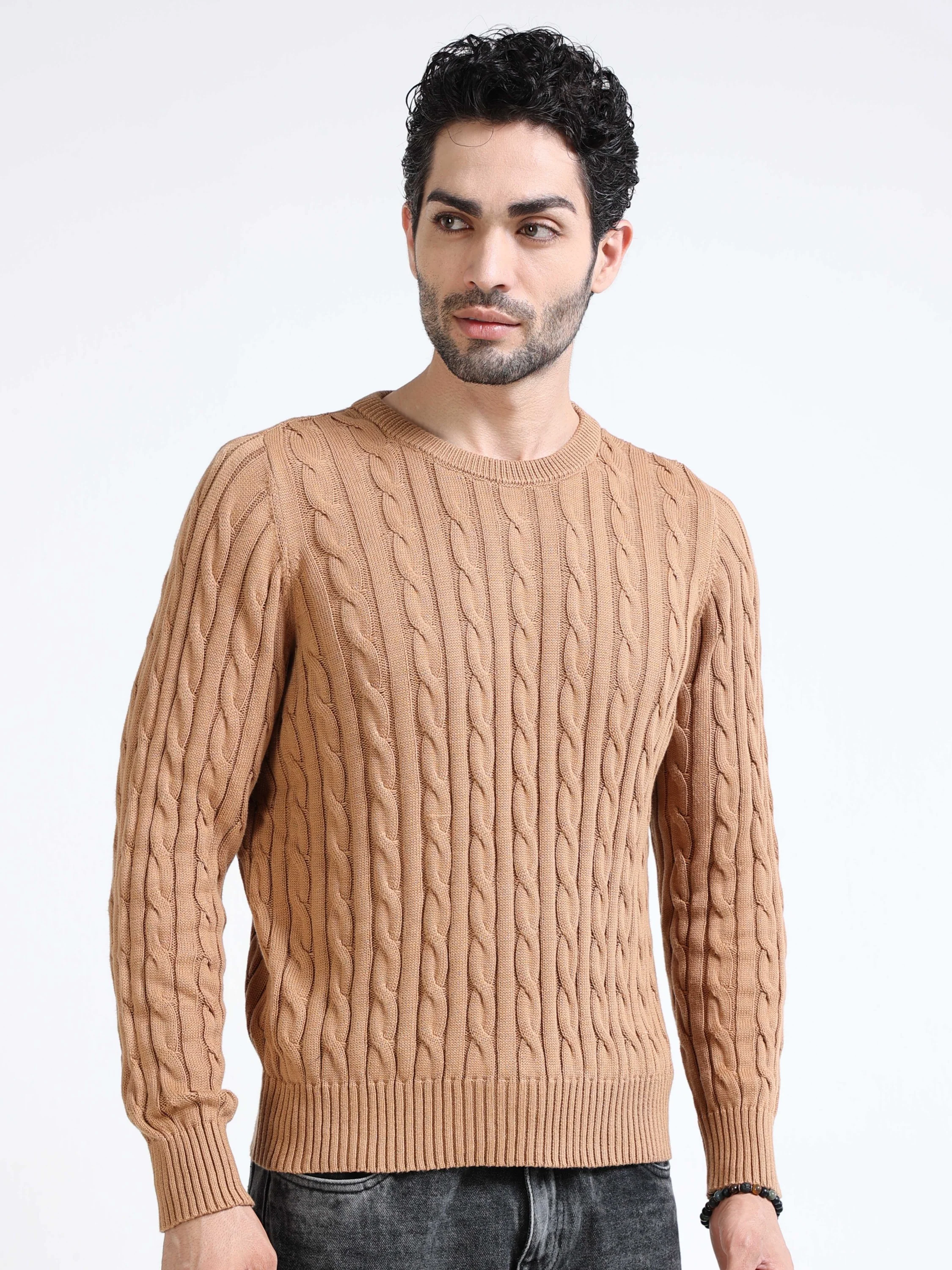 Men Brown Cable Knit Sweater - Image 6