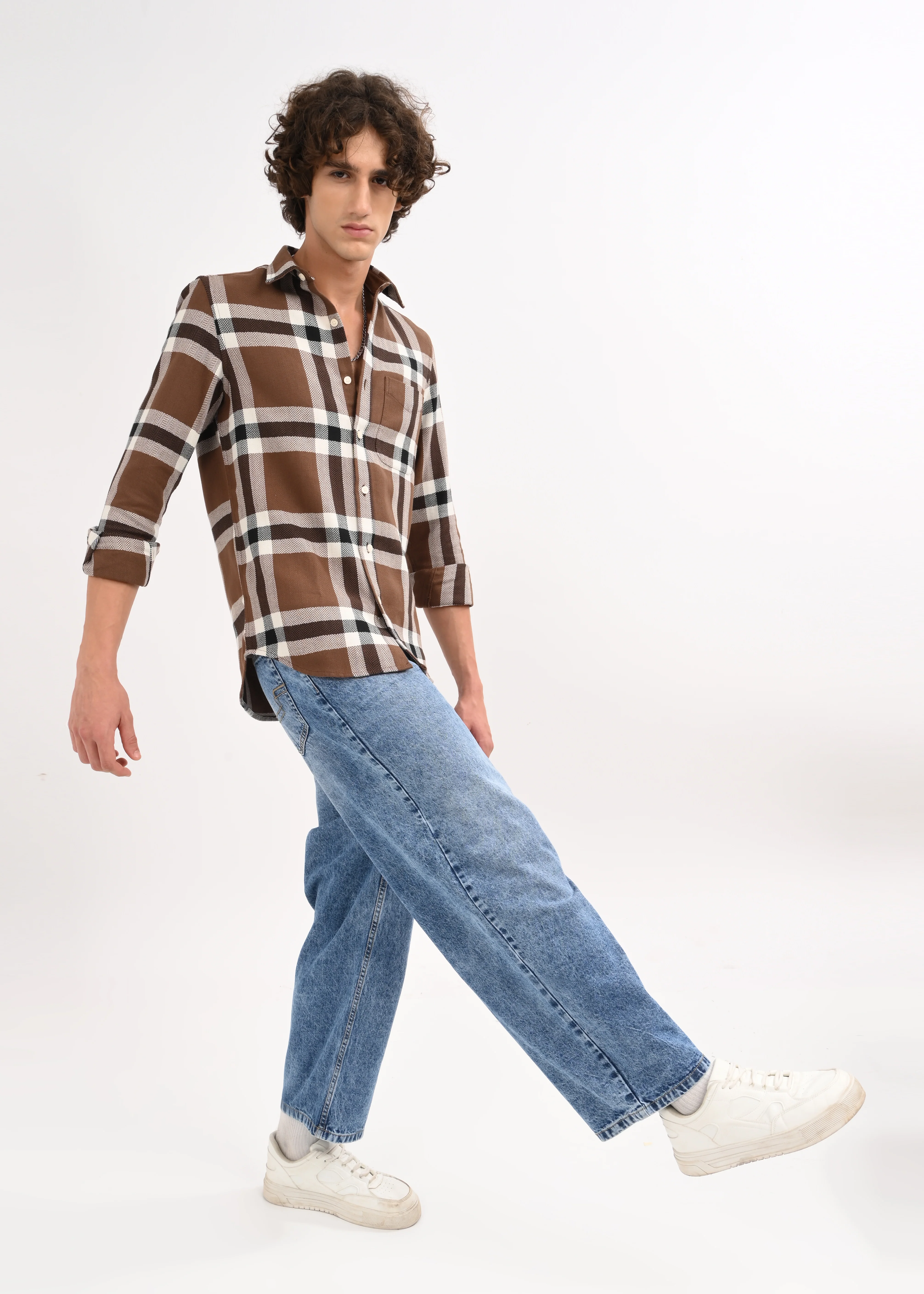 Men Brown Check Shirt - Image 3