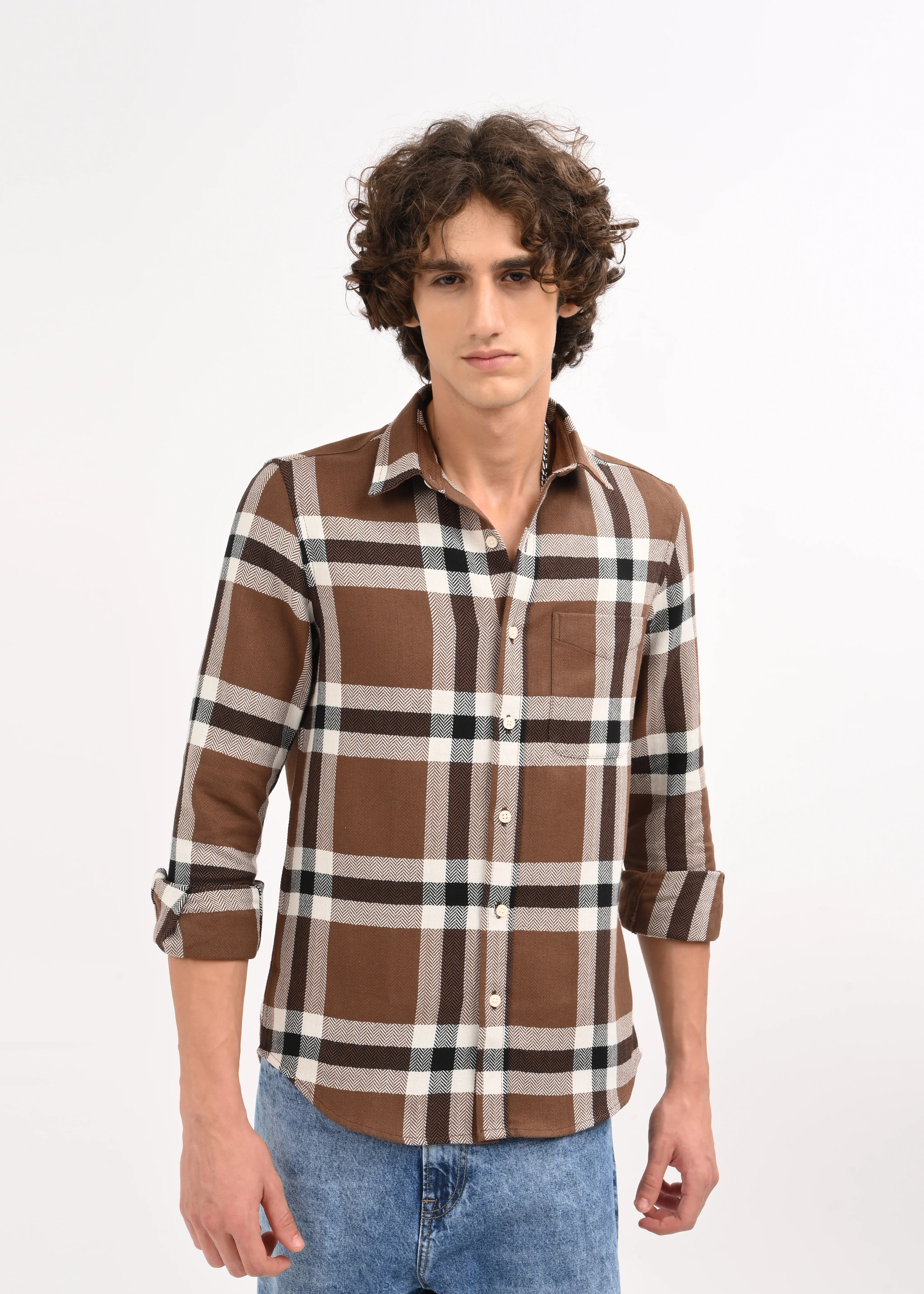Men Brown Check Shirt - Image 4